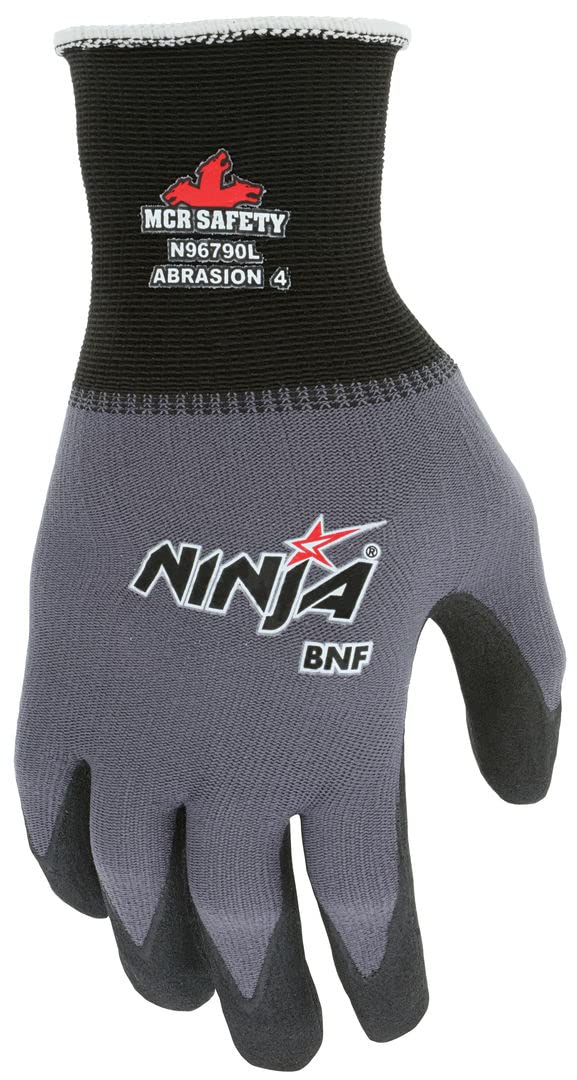 MCR Safety N96790M Ninja BNF 15 Gauge Work Gloves - Nylon/Spandex Shell with NFT Coated Palm & Fingertips - Black/Grey - Medium Size - Durable Hand Protection for Construction, Warehouse & DIY Projects