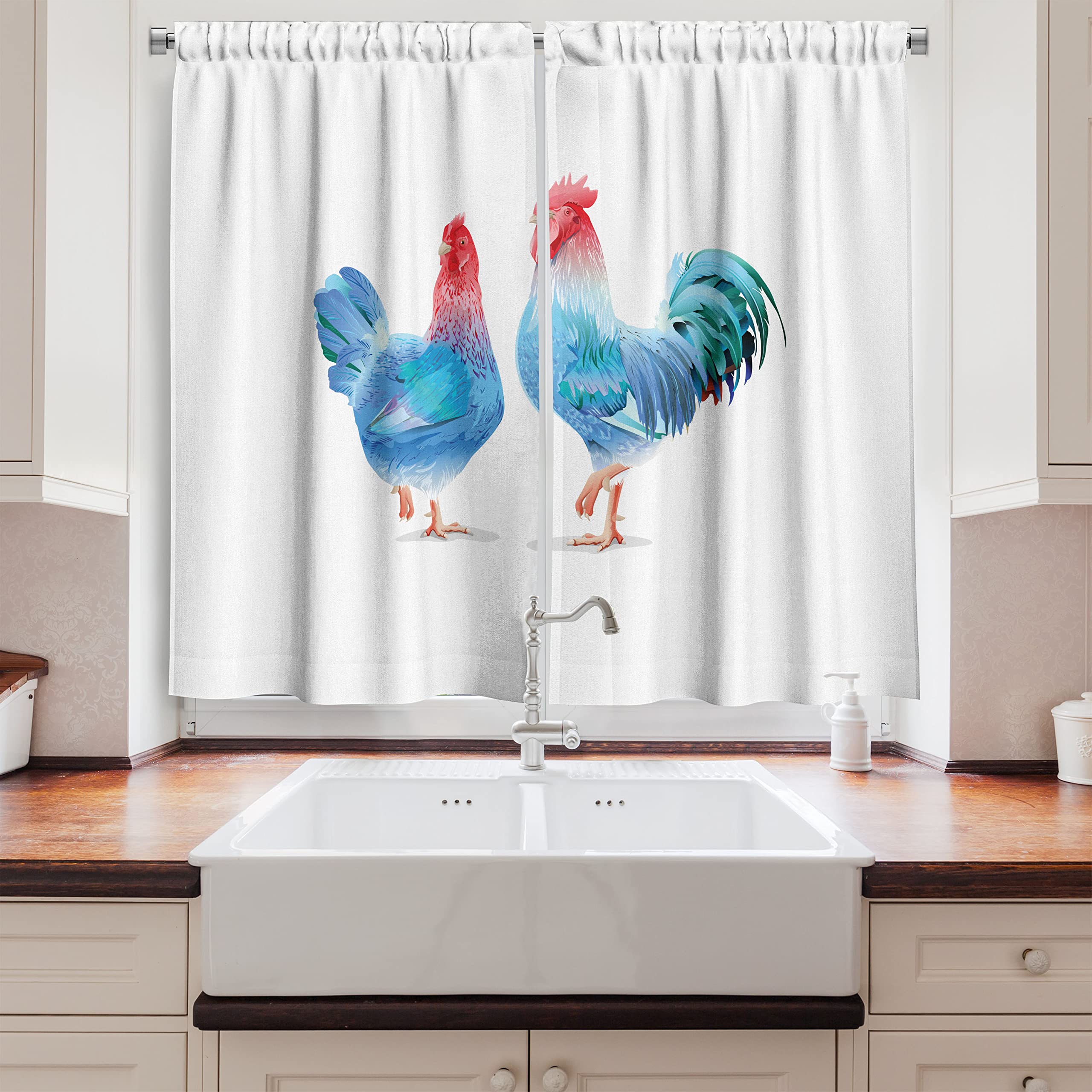 Blue Rooster & Hen Abstract Farm Animal Kitchen Curtains - 2 Panel Set for Window Drapes (55x39 inches) | Farmhouse & Cafe Decor | Perfect for Country Kitchen, Diner, or Breakfast Nook