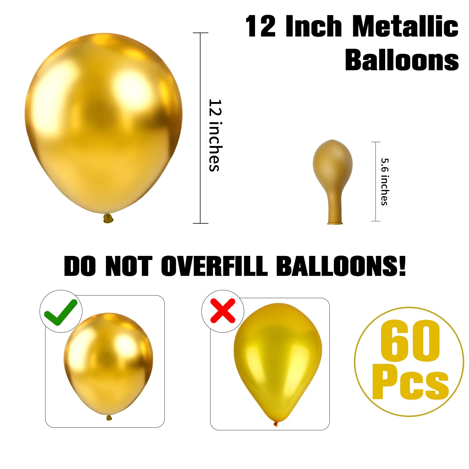 60PCS Gold Metallic Balloons 12 Inch Latex Party Decorations - Perfect for Birthday, Christmas, Wedding, Graduation, Baby Shower, Bachelorette & Retirement Celebrations