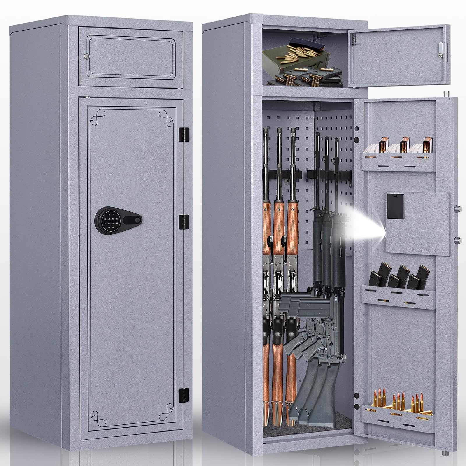 KAER 10-12 Gun Safe for Rifles, Pistols & Shotguns - Digital Keypad Lock, Adjustable Shelves, Heavy Duty Metal Cabinet - Home & Office Security Safe for Firearm Storage (Grey)