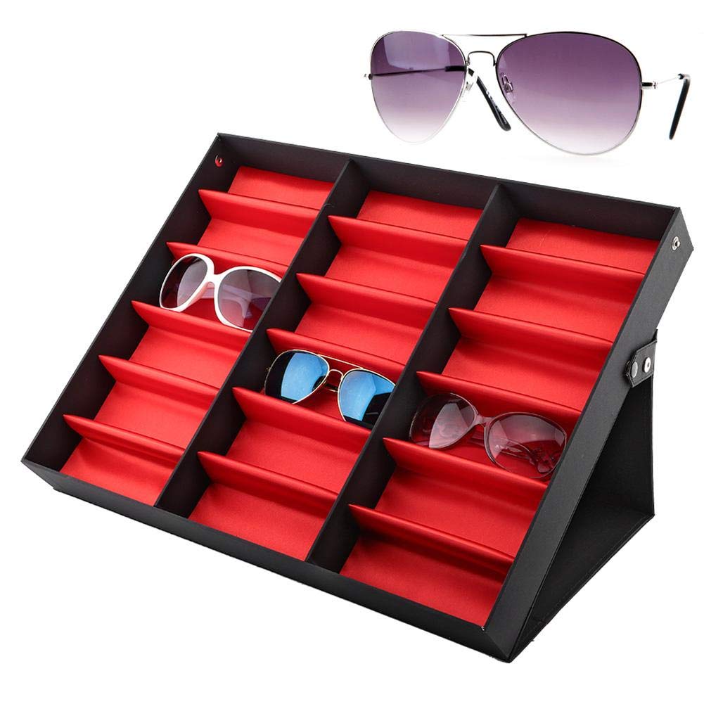 YUYTE 18 Grid Sunglasses Display Case & Eyewear Organizer - Foldable Glasses Storage Rack, Watch & Jewelry Tray - Perfect for Retail Stores, Home Organization & Travel Accessories