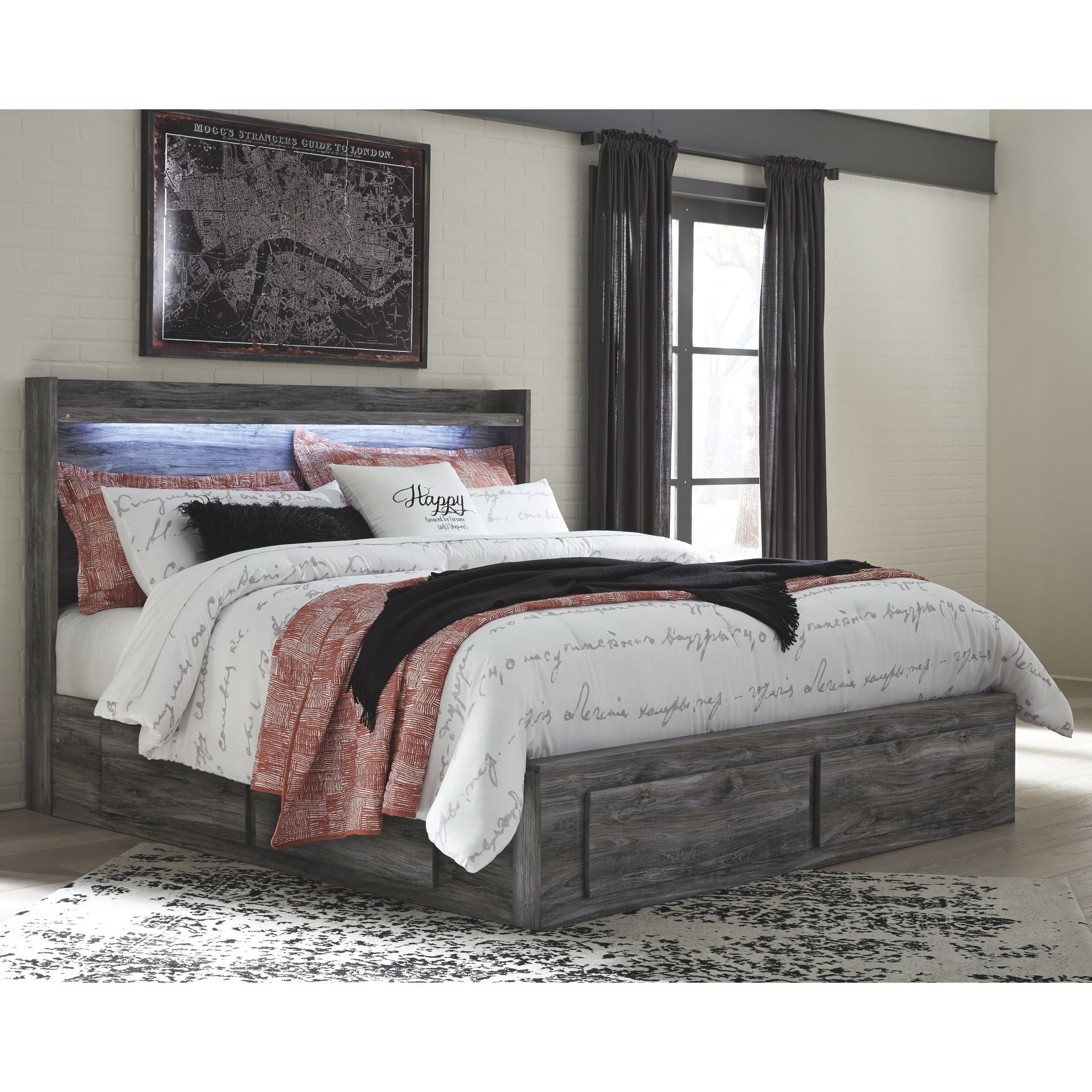 Baystorm Panel Bed with 4 Drawer Storage - Gray Queen Size Bed Frame with Underbed Storage | Modern Bedroom Furniture for Small Spaces & Guest Rooms