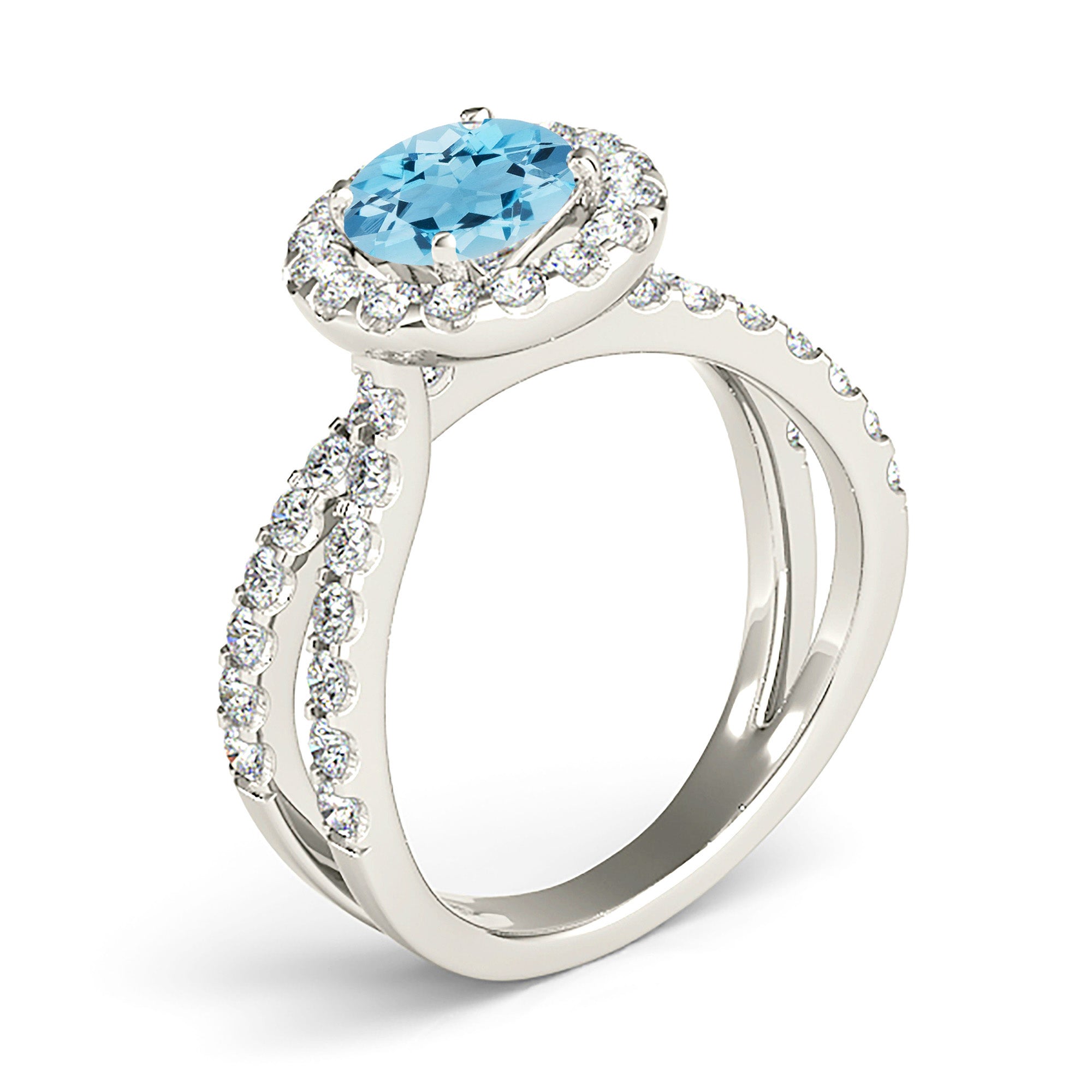 1.75 Carat Genuine Aquamarine Ring with Halo & Criss Cross Split Band - Elegant Wedding, Engagement & Anniversary Jewelry Gift for Women