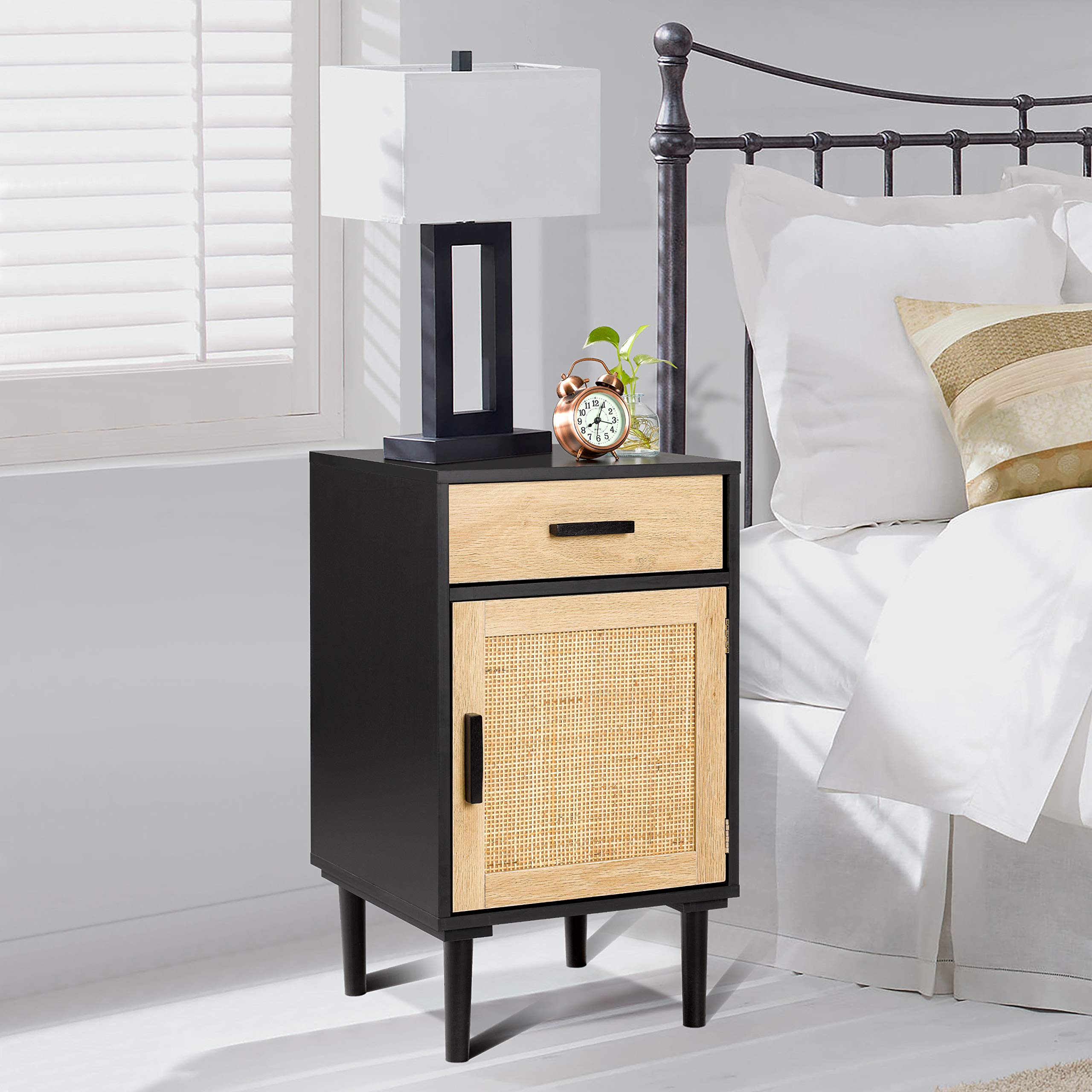 Finnhomy 2-Pack Tall Nightstands with Drawer & Shelf - Handmade Rattan Decorated Doors, Bedside Storage Tables for Bedroom - Black - Perfect for Small Spaces, Guest Rooms & Apartment Living