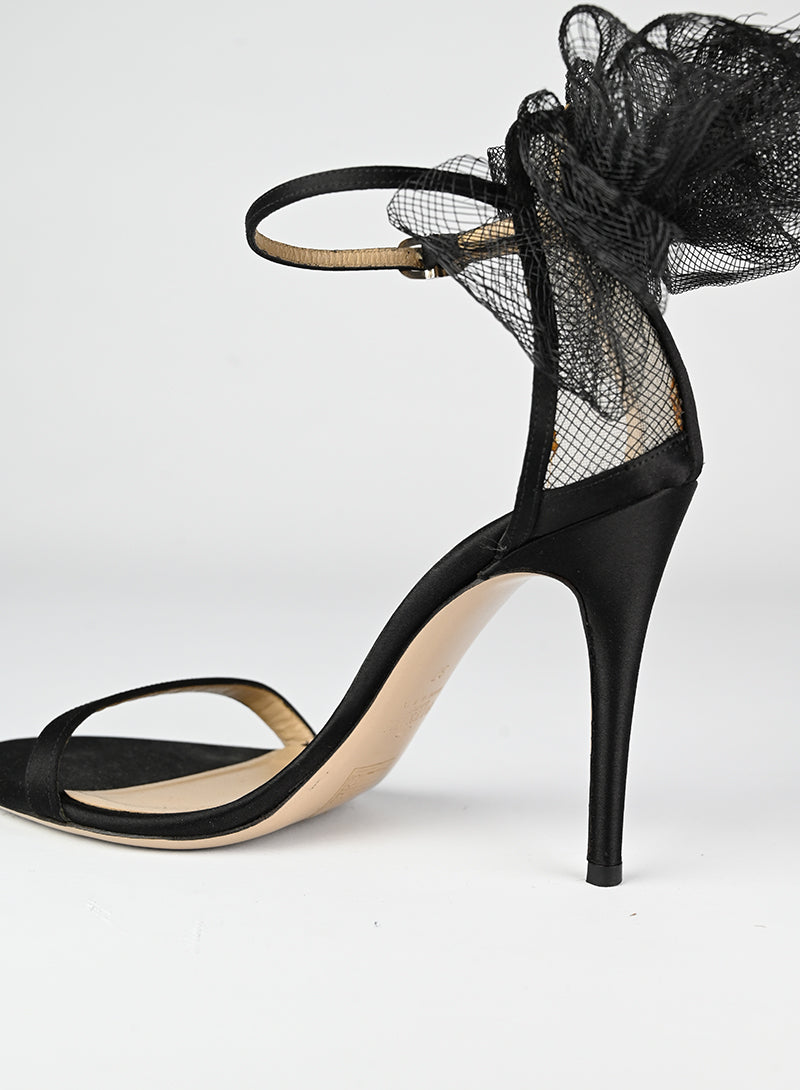 Valentino Black Satin Sandals with Flower Detail - Size 37 | Elegant Women's Dress Sandals for Weddings & Special Occasions