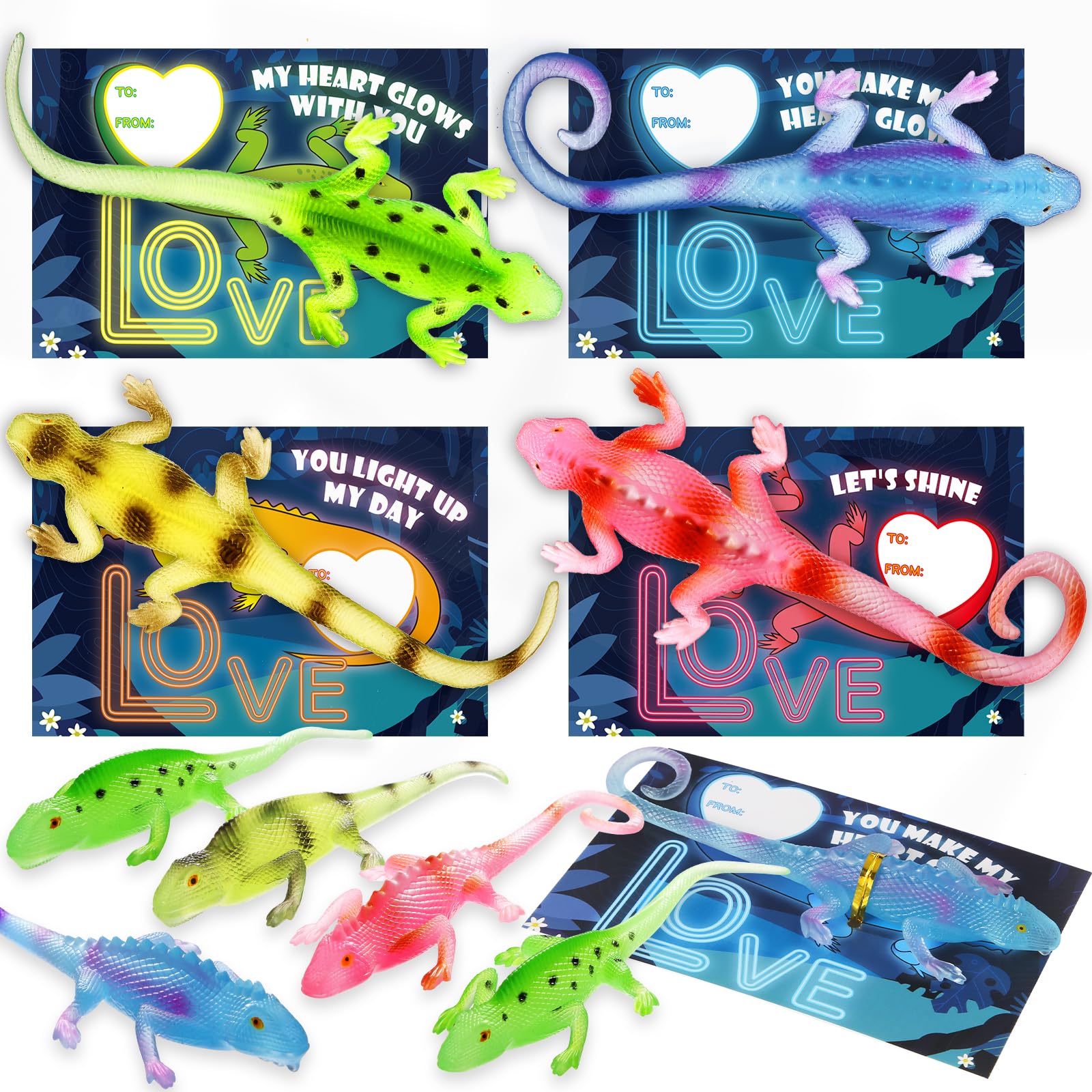 24 Pack Glow in The Dark Lizards Valentine Cards for Kids - Classroom Exchange, School Party Favors & Prizes | Fun Valentine's Day Gifts for Classroom Activities & Holiday Celebrations