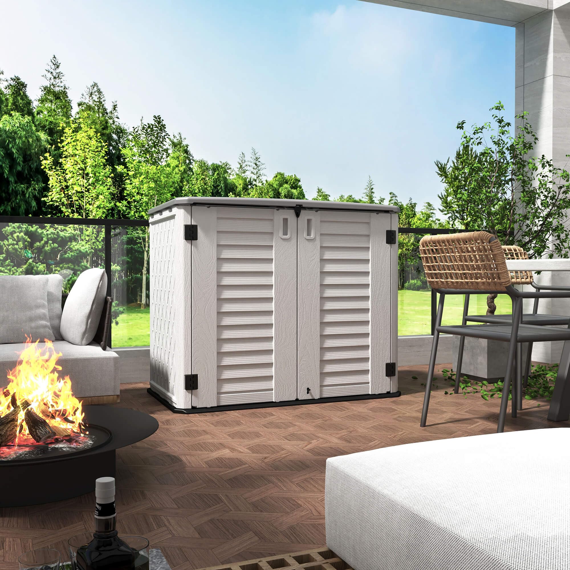 HOMSPARK 26 cu ft Weatherproof Outdoor Storage Shed - Water Resistant Multi-Purpose Cabinet for Bikes, Garbage Cans, Lawn Mowers & Garden Tools (Off-White) | Perfect for Backyard, Patio & Garage Organization