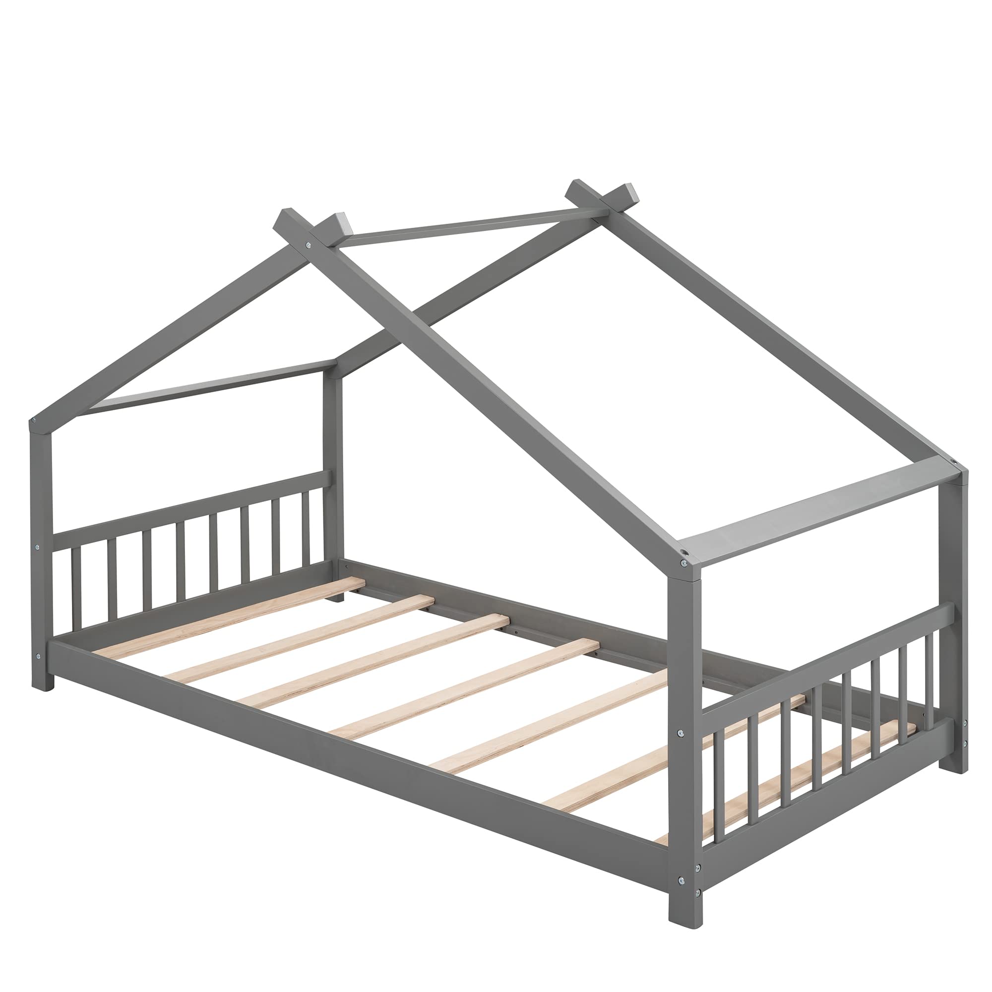 Twin Size Wooden House Bed Frame for Kids with Headboard & Footrest - Sturdy Slatted Support, No Box Spring Needed - Perfect for Boys & Girls Bedrooms (Gray) | Ideal for Montessori, Playrooms & Cozy Sleep Spaces