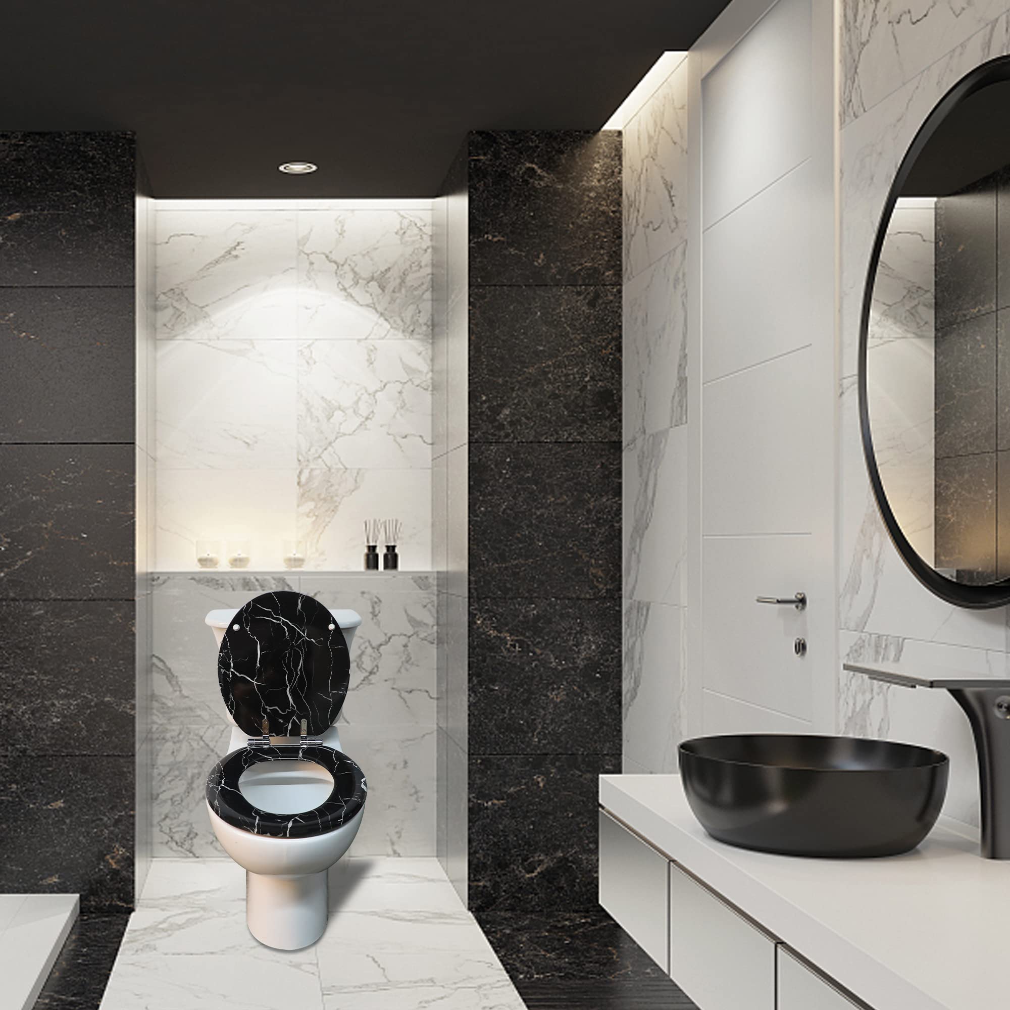 Angel Shield Marble Toilet Seat - Durable Molded Wood with Quiet Close, Easy Clean & Quick-Release Hinges - Round Black Marble Design - Perfect for Modern Bathrooms & Home Upgrades