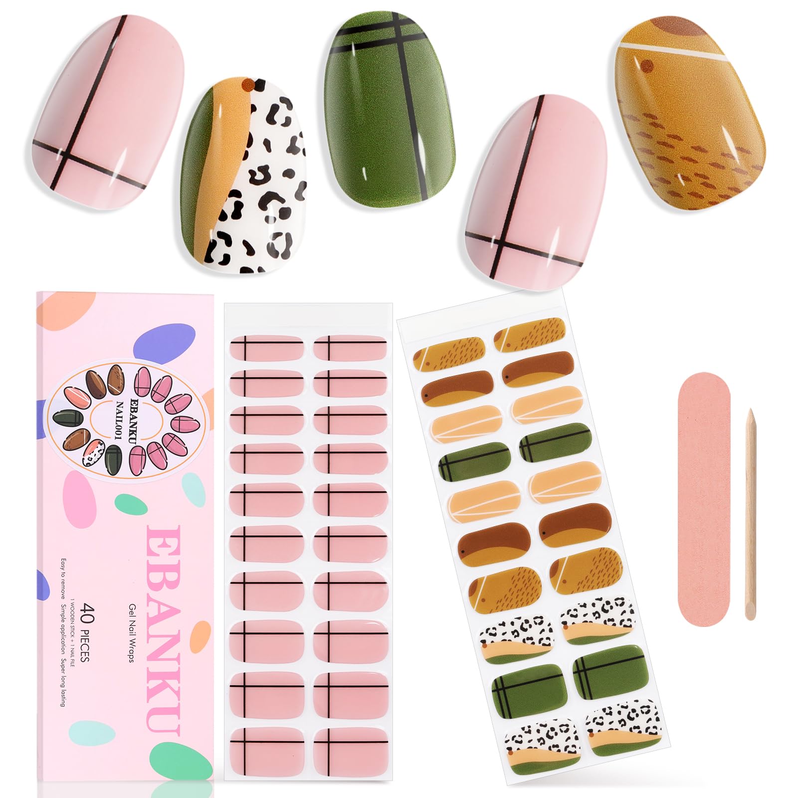 EBANKU 40PCS Gel Nail Strips - Green & Yellow Christmas Nail Stickers with Nail File & Stick, UV/LED Lamp Required | DIY Salon-Quality Manicure at Home | Perfect for Holiday Parties, Gifts & Nail Art Enthusiasts