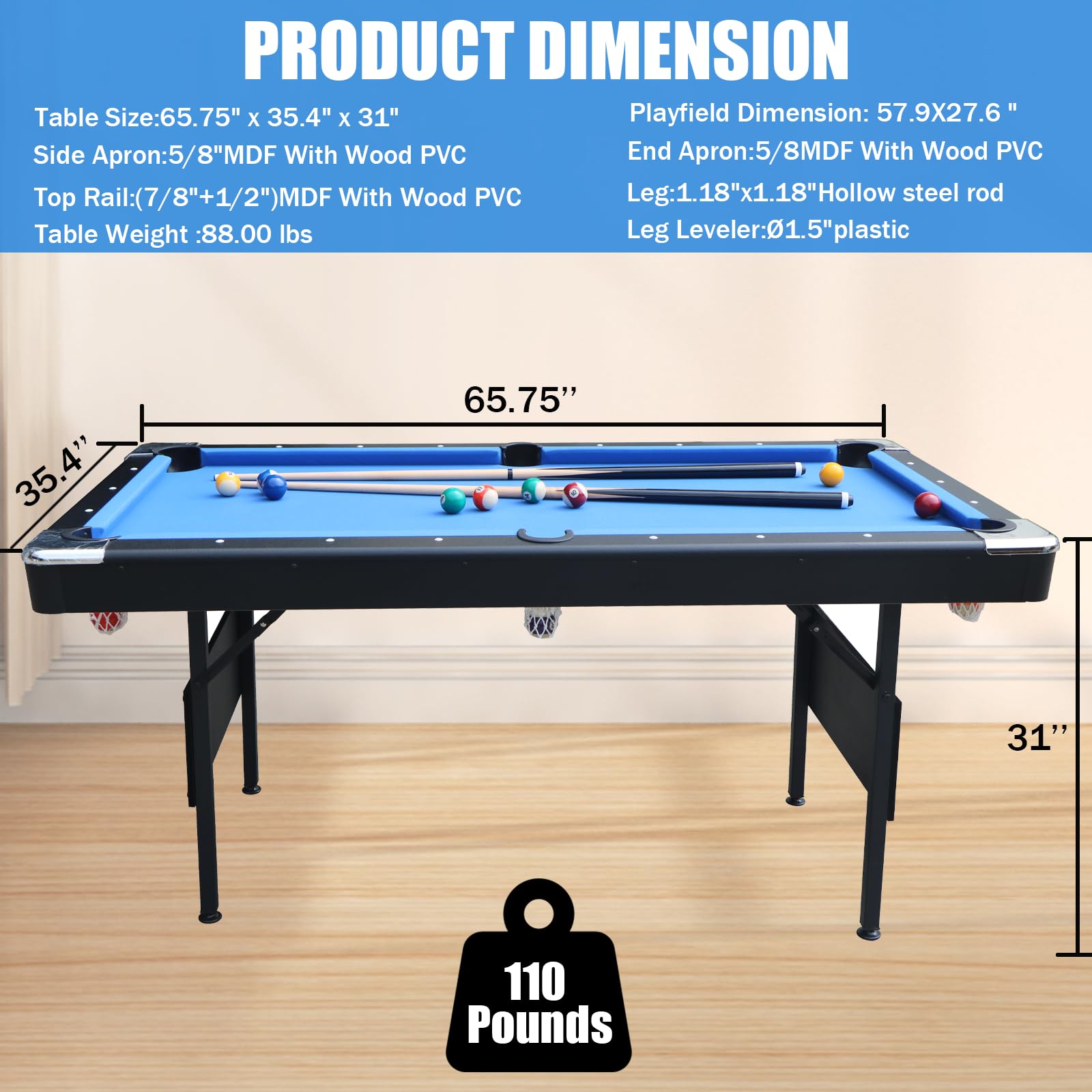 BOSTANA 5.5 ft Foldable Pool Table Set with Balls, Cues, Chalks & Brush - Portable Billiard Table for Home Game Room, Family Entertainment & Party Fun - Perfect for Adults & Kids Indoor/Outdoor Use