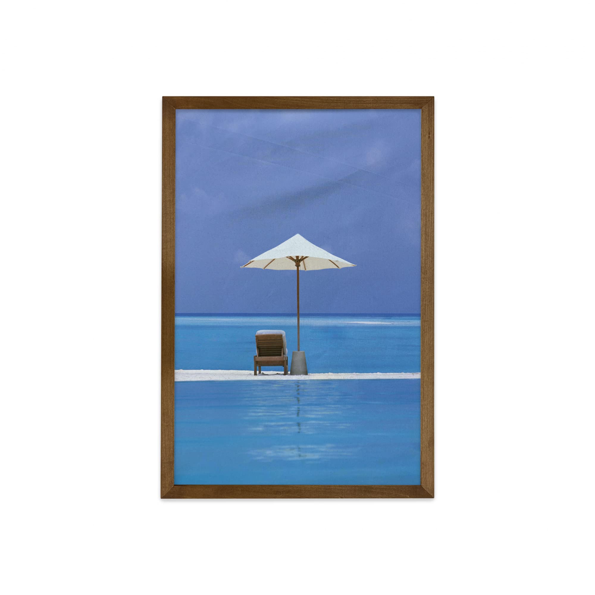 Ambesonne Coastal Wall Art - Ocean Seascape Painting with Beach Chairs & Umbrella on Island, Fabric Decor with Teak Wood Frame (23x35 Inch) - Perfect for Living Room, Bedroom & Beach House Decor in Blue & Beige