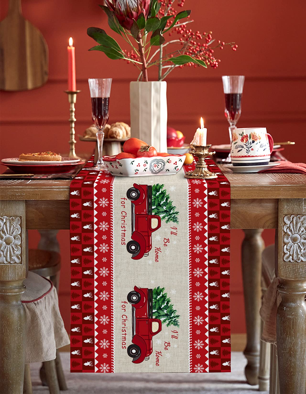 36 Inch Christmas Table Runner with Red Truck & Tree Design - Retro Holiday Kitchen, Dining, Living Room Decor - Perfect for Parties & Home Decoration (13x36 in) - Ideal for Christmas Dinners, Family Gatherings & Festive Home Styling