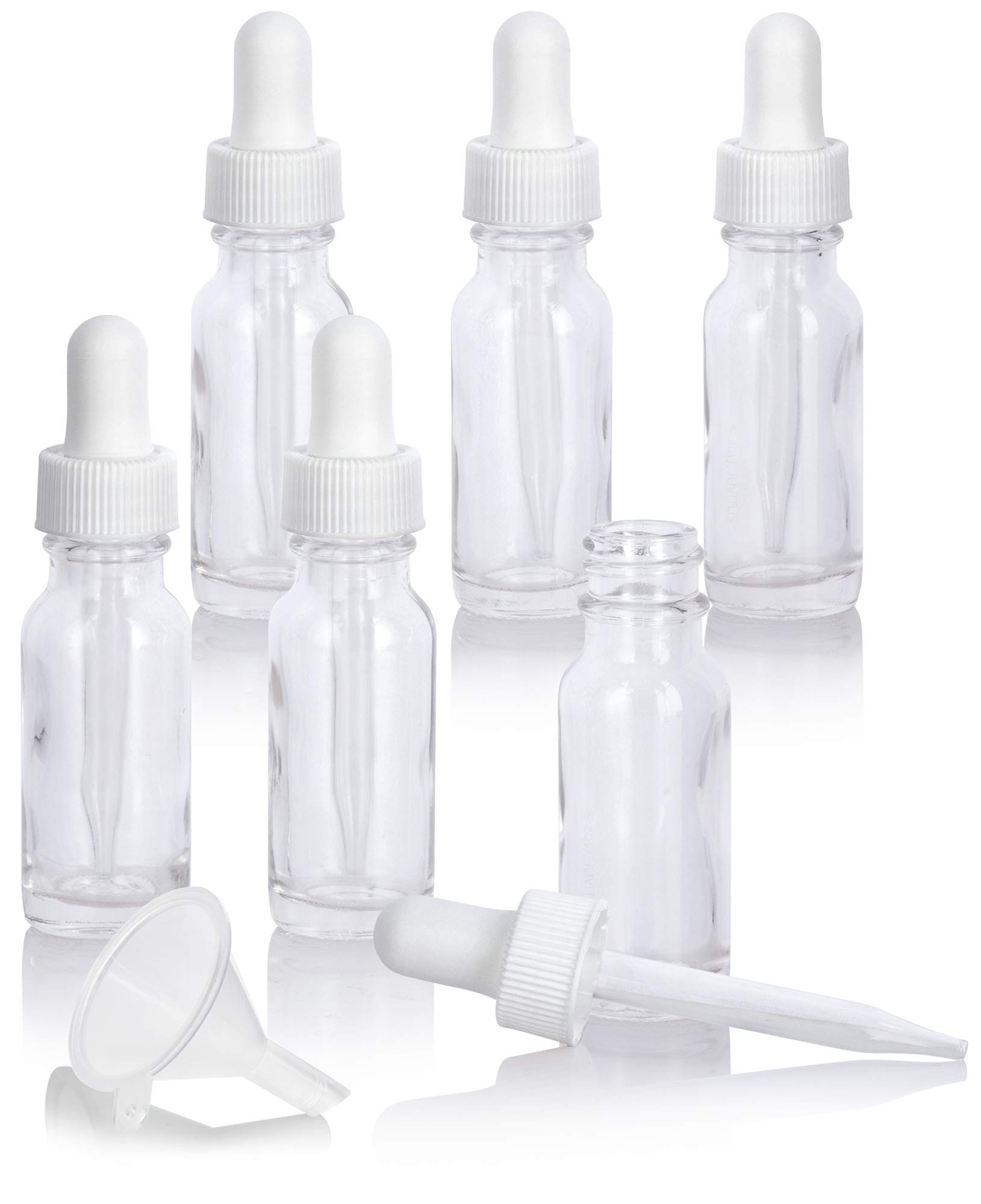 JUVITUS 0.5 oz / 15 ml Clear Glass Boston Round Bottle with White Dropper (6 Pack) + Funnel - Perfect for Essential Oils, DIY Skincare, and Travel-Sized Liquids