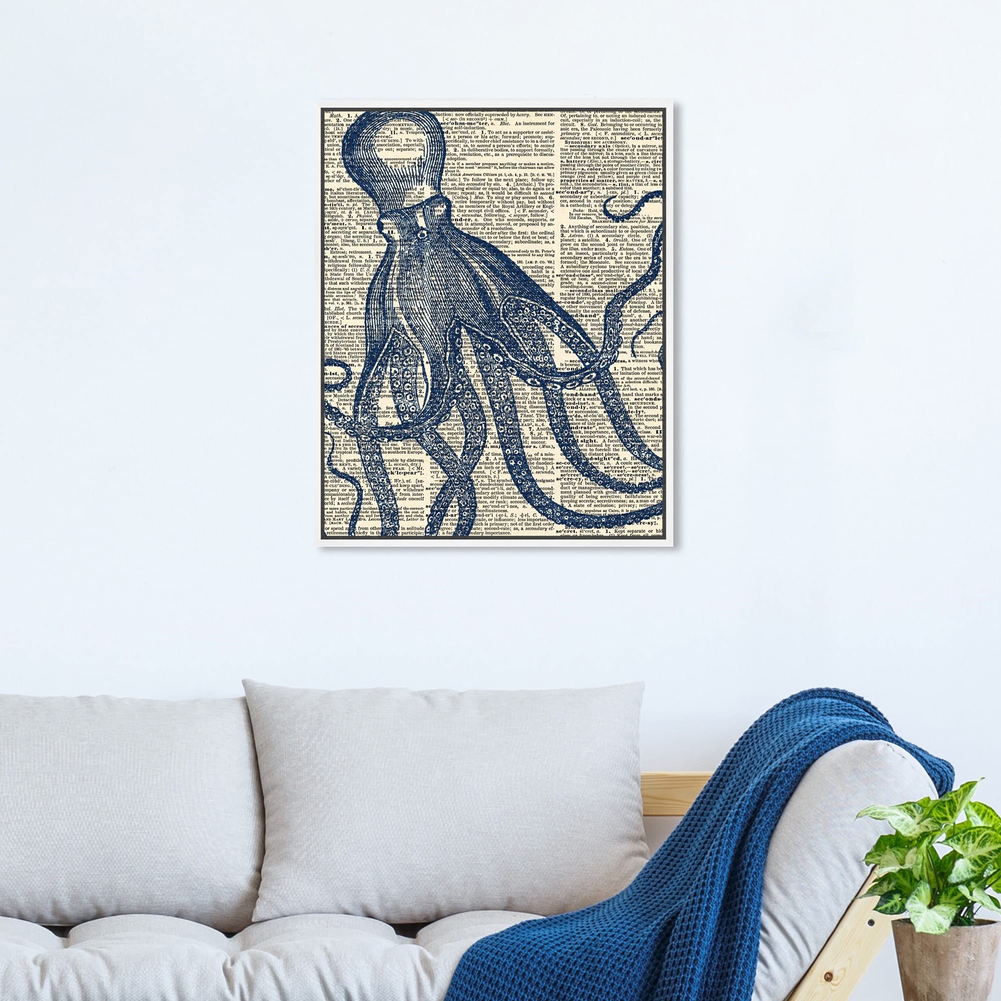 Oliver Gal Artist Co. Nautical Wall Art - 16x20 Inch Marine Life Octopus Dictionary Canvas Print with White Floating Frame - Coastal Home Decor for Living Room, Bedroom & Office