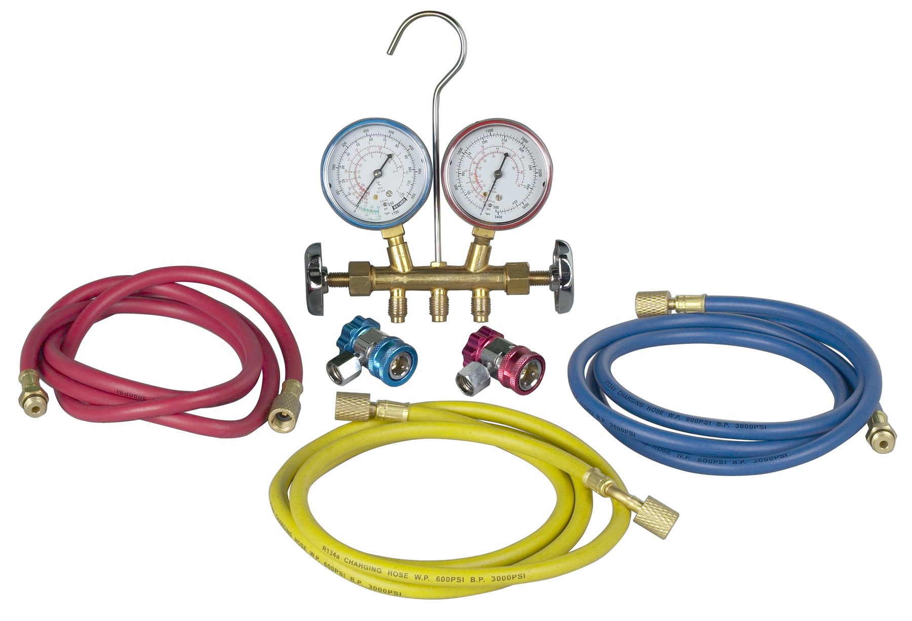 Robinair 48134A R134A AC Manifold Gauge Set with Brass Fittings, Hose Kit & Service Couplers - Professional Automotive AC Repair Tool for Mechanics & DIY Car Maintenance