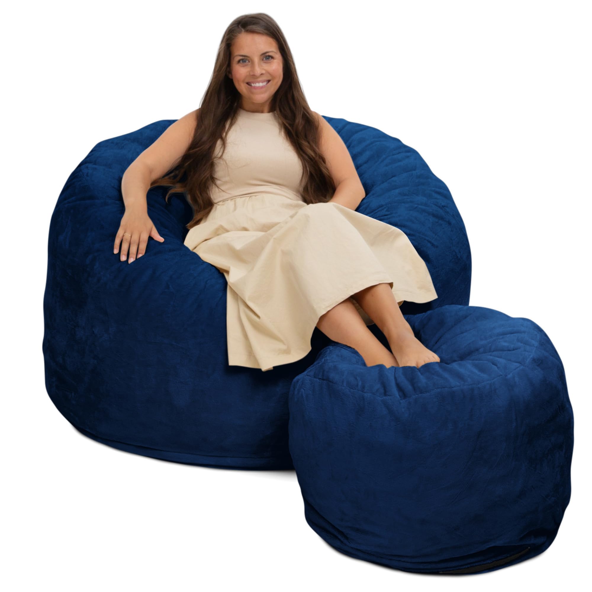 4ft Oversized Bean Bag Chair with Footstool - Ultimate Sack Navy Fur Bean Bag Sofa for Adults - Comfy Lounge Chair for Living Room, Bedroom & Game Room Relaxation