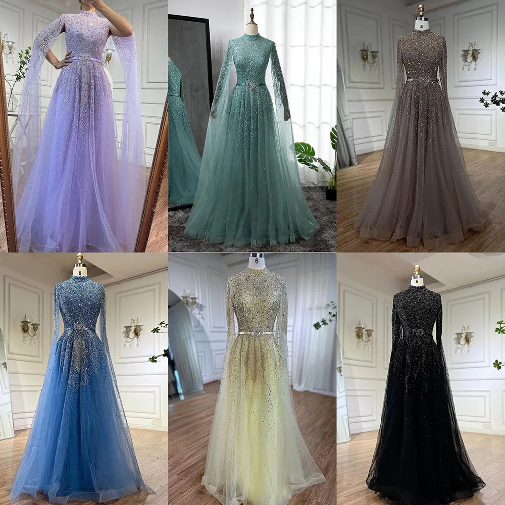 Elegant Gold A-Line Cape Sleeves High Neck Beaded Evening Gown for Women - Luxury Plus Size Formal Dress (LA70066B) | Perfect for Prom, Gala, Wedding & Black Tie Events