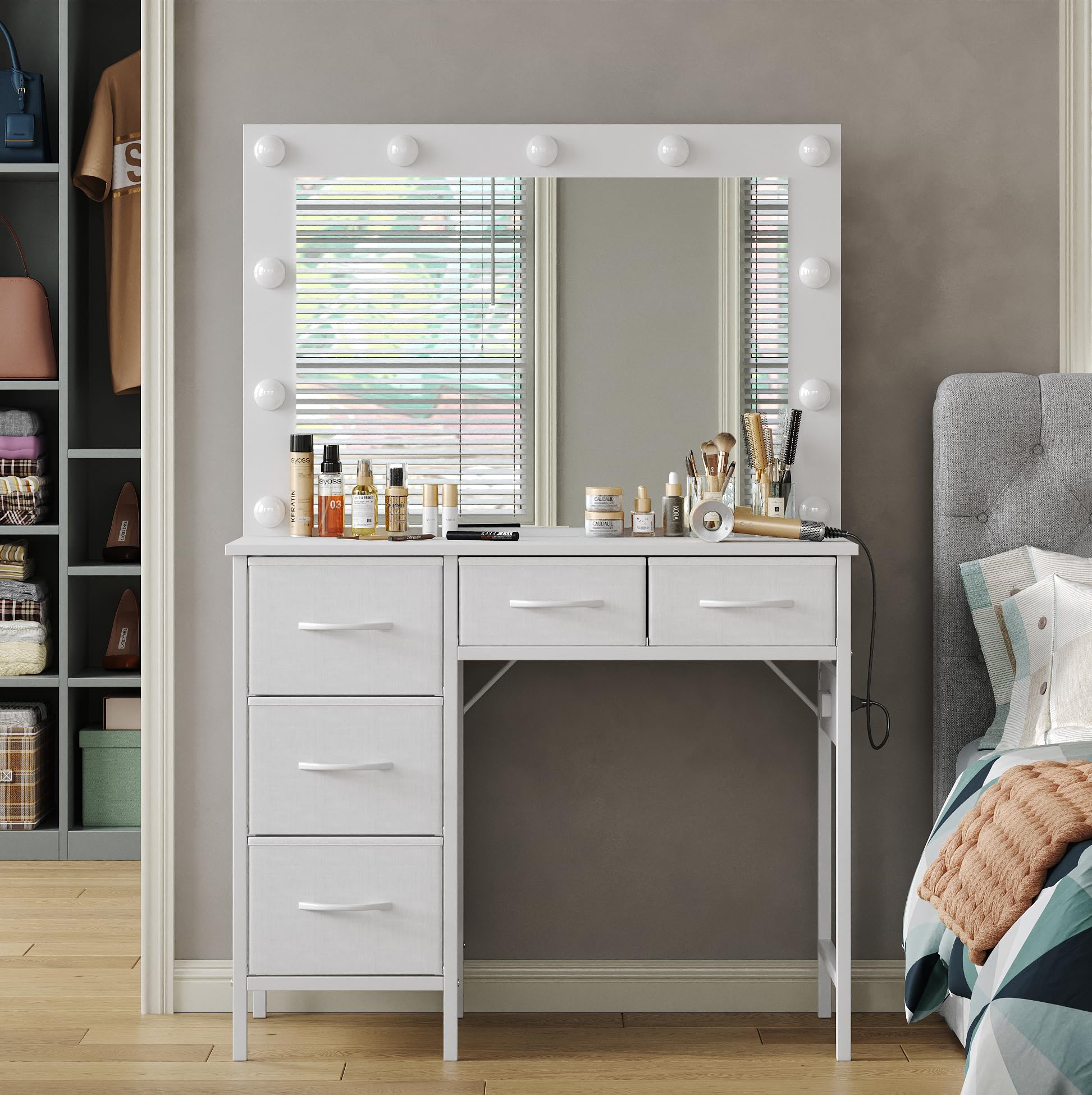 Vanity Desk with LED Mirror & Charging Station - 5 Drawers, 3 Lighting Modes for Bedroom Makeup