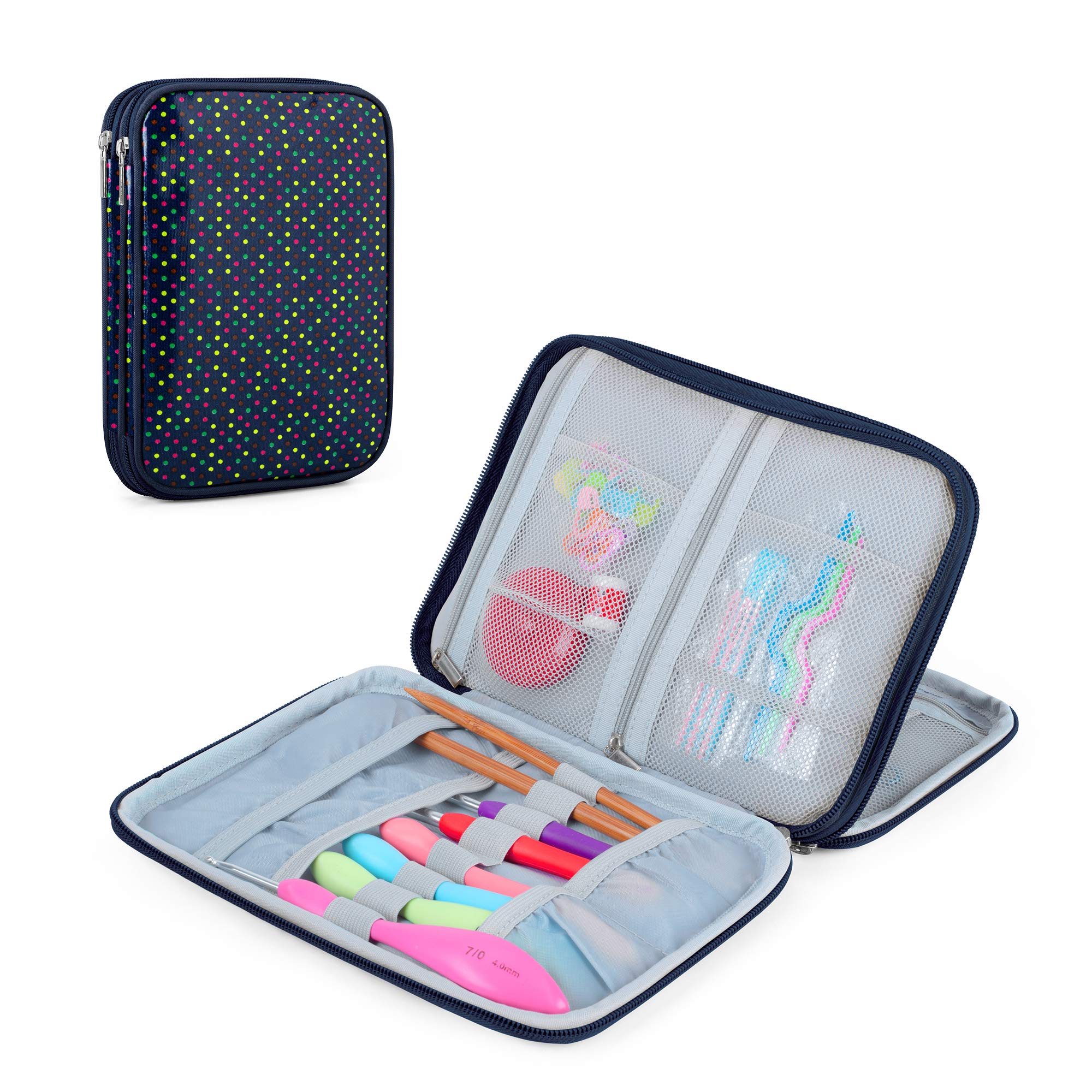 Teamoy Crochet Hook Case - Travel Storage Bag for Swing Crochet Hooks, Lighted Hooks, Needles (Up to 8 Inches) and Knitting Accessories | Colorful Dots Design | Perfect for Organizing & Protecting Crochet Tools On-The-Go, Craft Projects & Travel