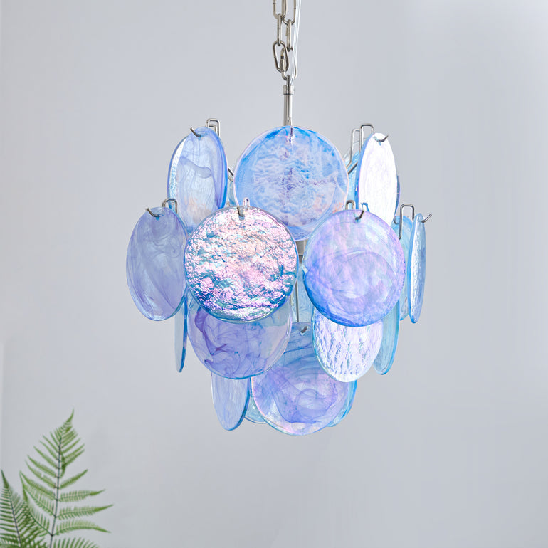 Blue Murano Glass Disc Chandelier - Elegant Venetian Style Ceiling Light Fixture for Dining Room, Living Room & Bedroom Decor