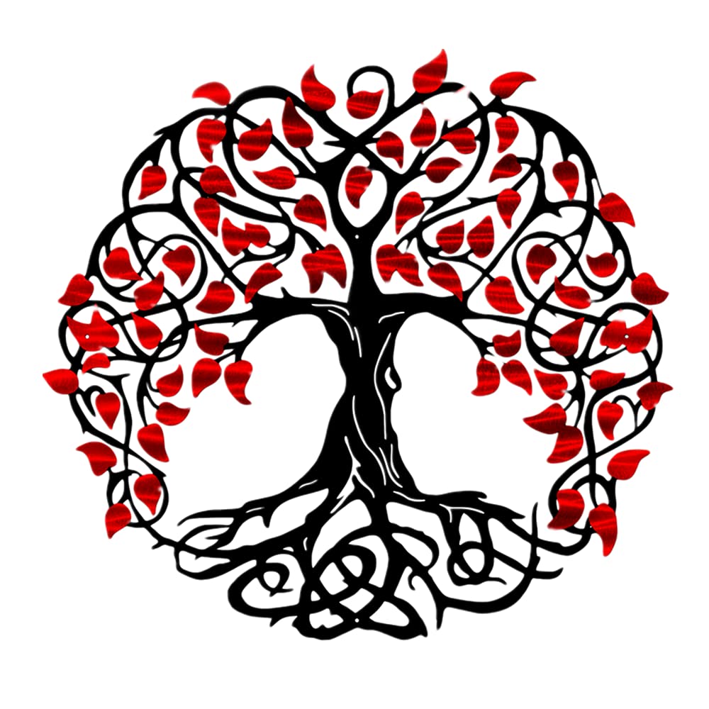 Tree of Life Metal Wall Art with Red Leaves - Handmade Bedroom Decor for Home Aesthetics | Perfect for Living Room, Bedroom & Office Wall Decor