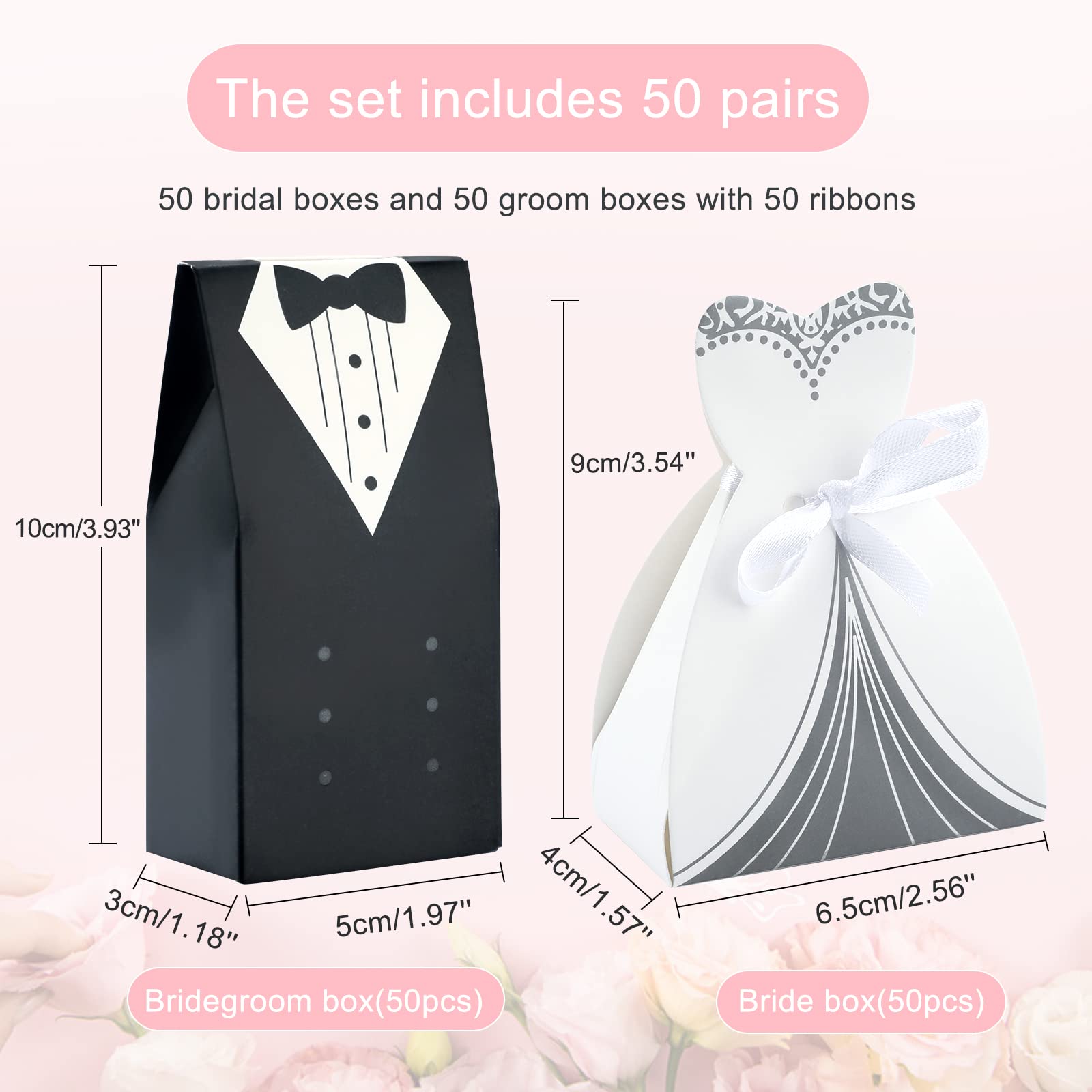 G2PLUS Elegant Wedding Favor Candy Boxes - 100PCS Bride & Groom Tuxedo Gift Boxes with Ribbon for Weddings, Bridal Showers, Christmas Parties - Perfect for Party Favors, Candy Gifts & Special Occasions