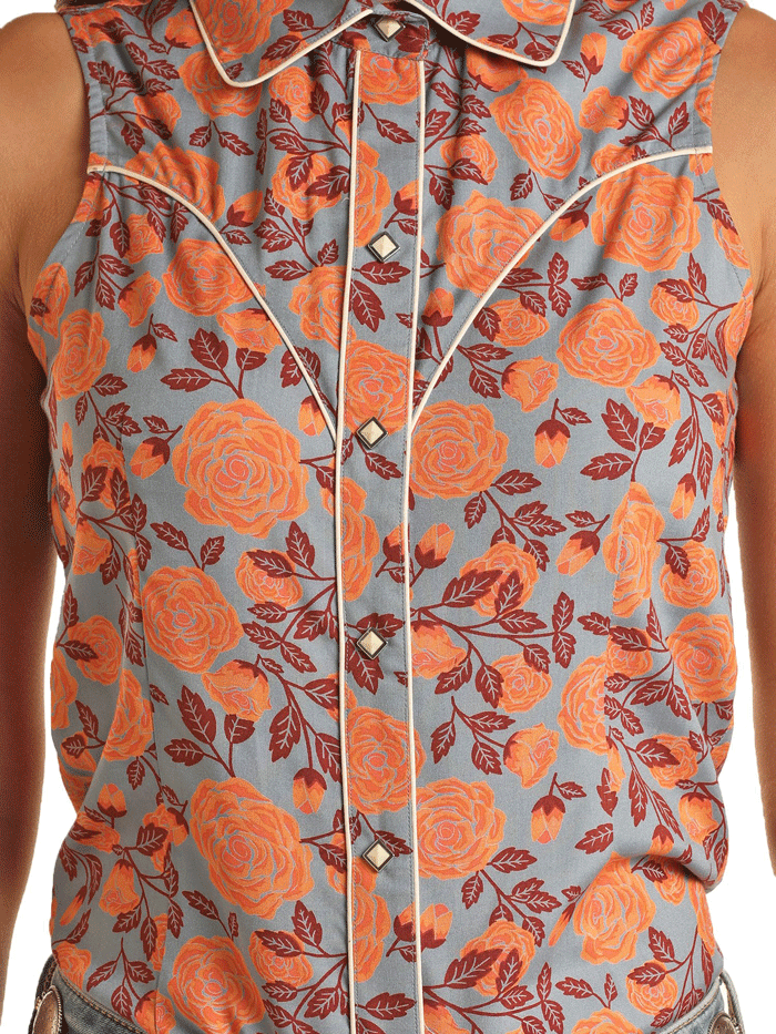 Rock & Roll Denim Women's Floral Sleeveless Snap Button Shirt - Orange Boho Western Style Top for Summer, Music Festivals & Casual Outings
