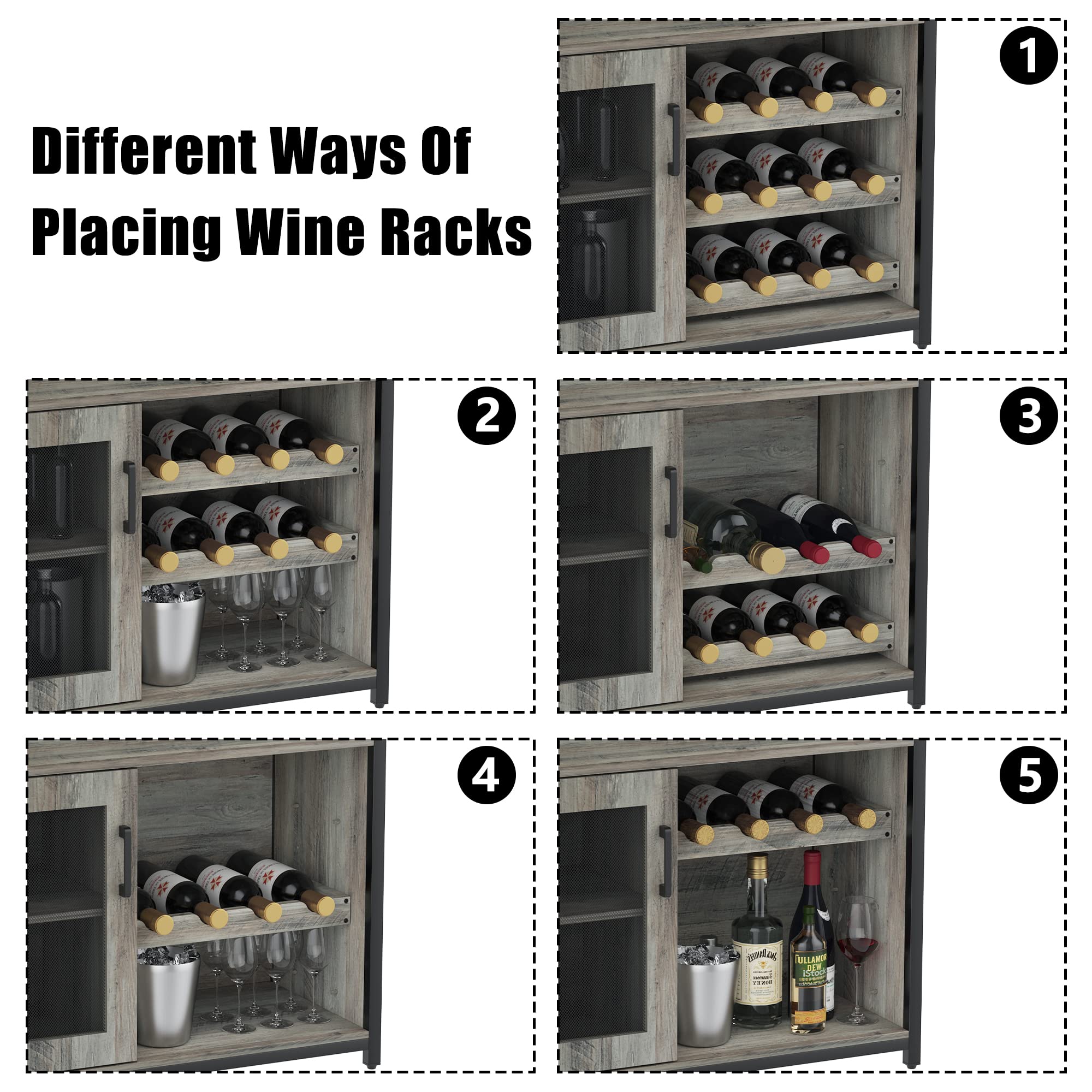 GAOMON Modern Wine Bar Cabinet with Detachable Wine Rack & Glass Holder - Grey Buffet Sideboard with Mesh Door for Dining Room, Kitchen, or Living Room Storage