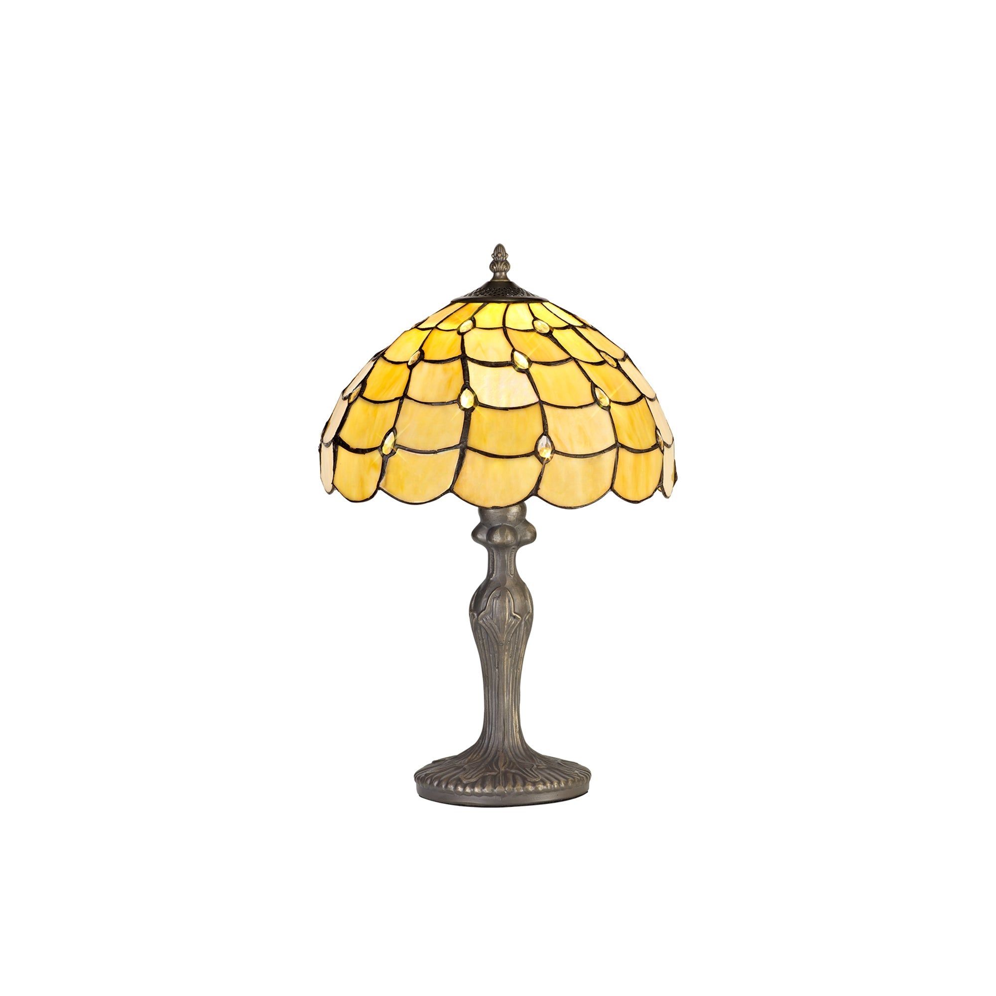 Vintage Aero 1 Light Curved Table Lamp with 30cm Tiffany Shade - Beige, Clear Crystal & Antique Brass Finish, E27 Socket - Perfect for Bedroom Nightstand, Living Room Side Table or Office Desk Lighting