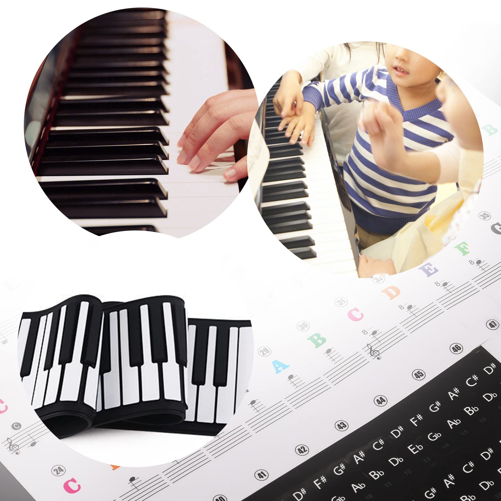 AIEX Removable Transparent Piano Note Stickers - Colorful Keyboard Labels for 88/61/54/49 Key Pianos (White & Black Keys) - Perfect for Beginners Learning Piano at Home or Music Class