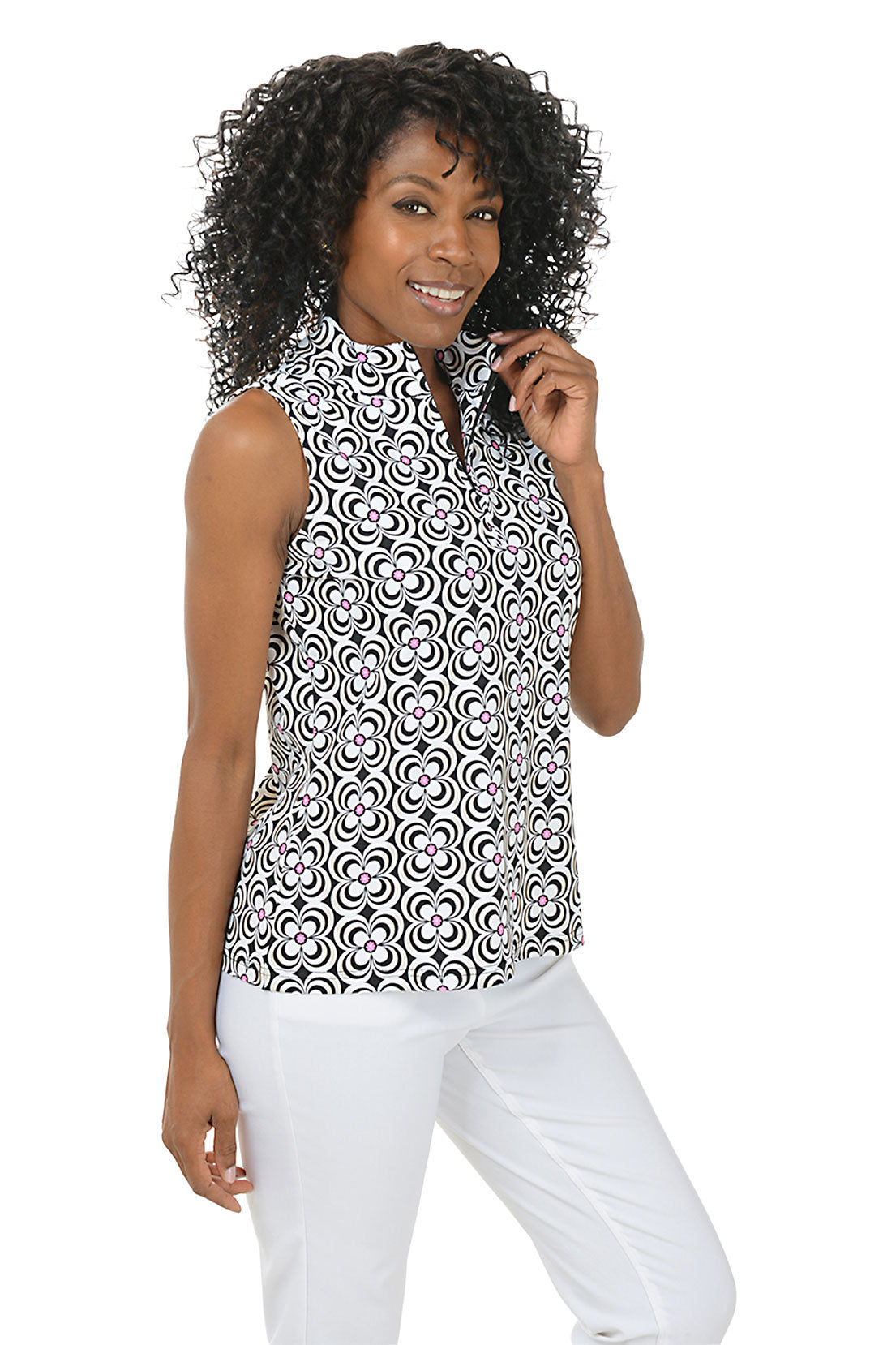 Black UPF50+ Sleeveless Zip Top for Women - Sun Protection Daisy Print Outdoor Activewear for Hiking, Running & Beach