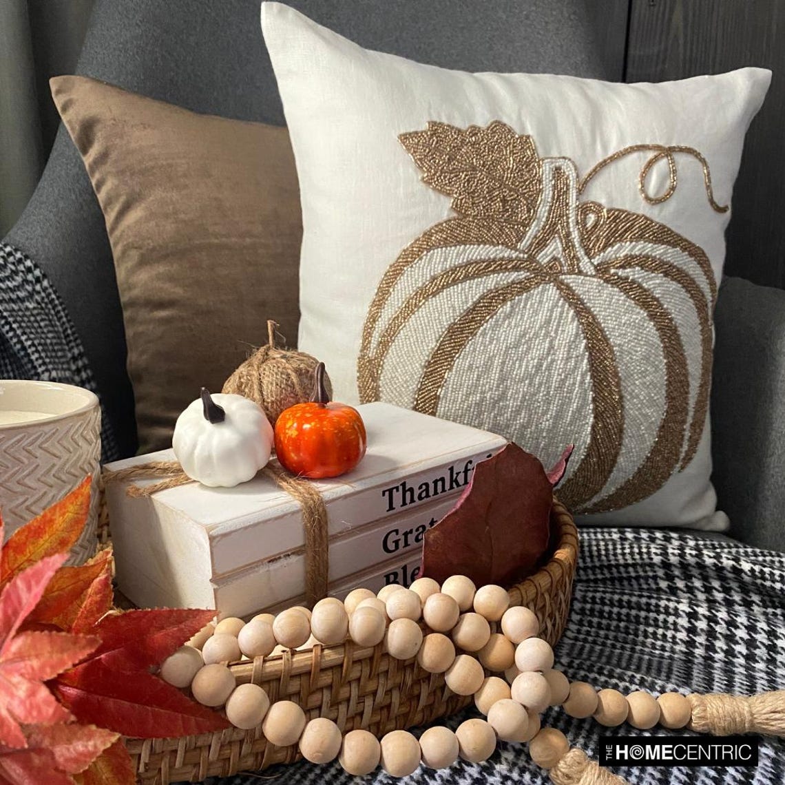 Bejeweled Gold Linen Modern Pumpkin Decorative Throw Pillow Cover - Fall Home Decor, Thanksgiving & Halloween Cushion Case for Sofa, Bed, Dorm