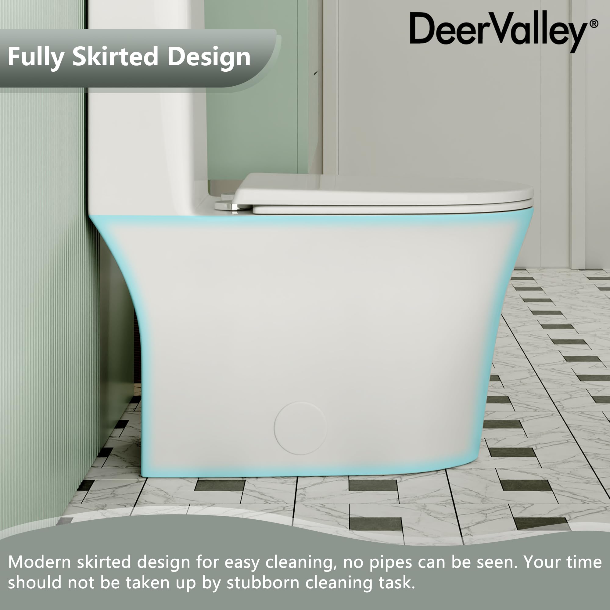 DeerValley Elongated One Piece Toilet with Soft-Close Seat - Dual Flush 1.1/1.6 GPF, 1000g MAP Rating, White Skirted Design, 12