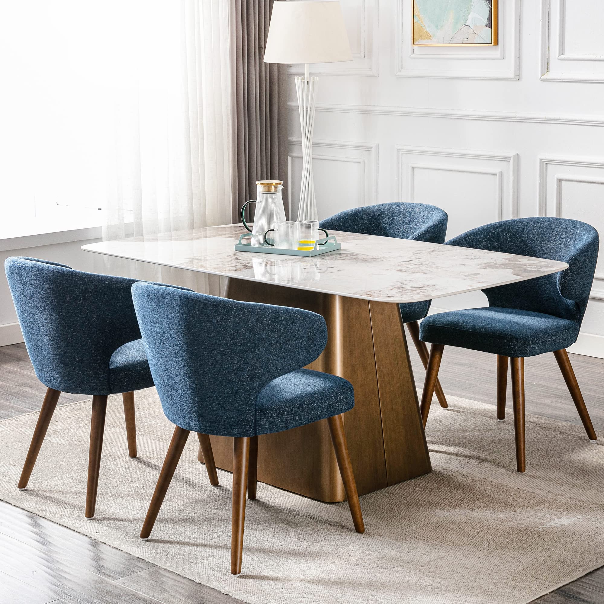 Mid Century Modern Dining Chairs Set of 2 - Upholstered Curved Wingback Accent Arm Chairs with Solid Wood Legs in Navy Blue Linen Fabric - Perfect for Dining Room, Living Room or Office Decor