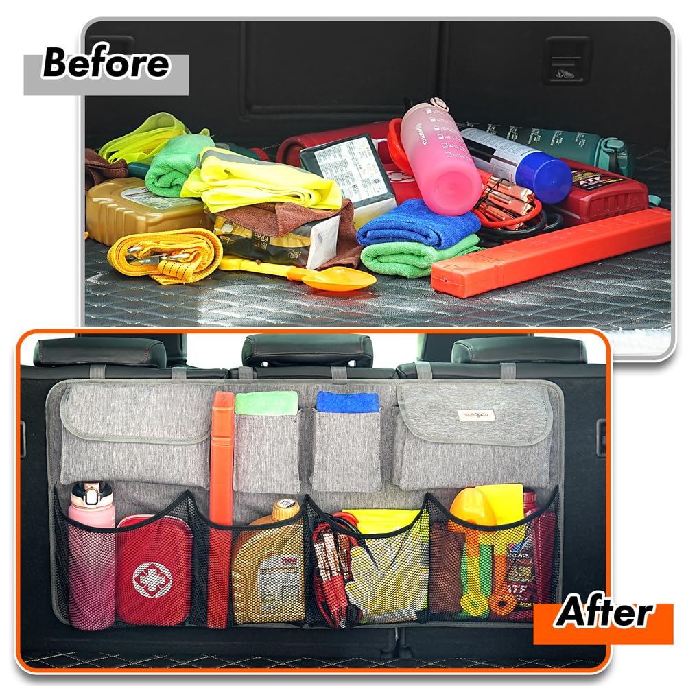 SURDOCA 3rd Gen Car Trunk Organizer - 7 Times Upgraded Super Capacity SUV Storage with Elastic Net & Lids | Space Saving Expert for Travel, Camping & Daily Commute