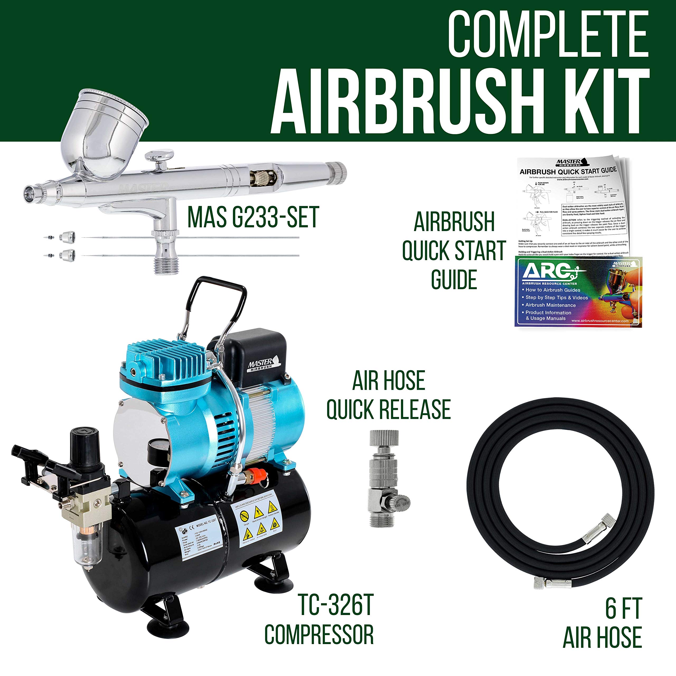 Master Airbrush Cool Runner II Dual Fan Air Storage Tank Compressor Kit with G233 Gravity Feed Dual-Action Airbrush Pro Set (0.2mm, 0.3mm, 0.5mm Tips) - Includes Hose, Holder & Guide - Perfect for Hobby Painting, Automotive Art & Cake Decorating