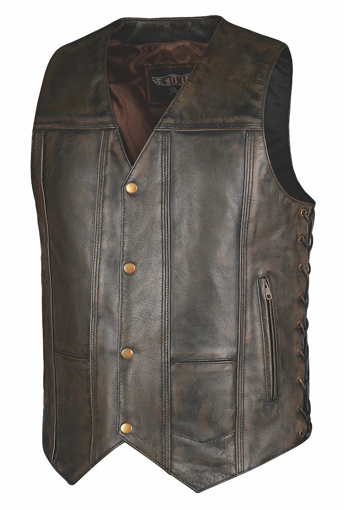 Open Road Men's Distressed Brown 10 Pocket Vest - Stylish Utility Vest for Outdoor Adventures, Hiking & Motorcycle Riding