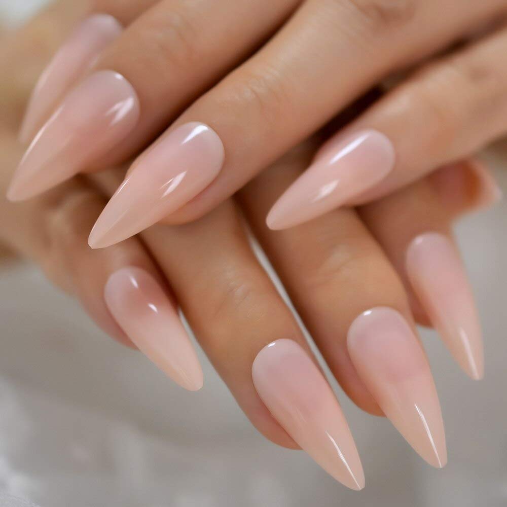 CoolNail Press-On Nails - Natural Nude Pointed Stiletto False Nail Tips, Acrylic Salon Full Cover Artificial Nails with Glue & Stickers | Perfect for Parties, Weddings & Everyday Wear