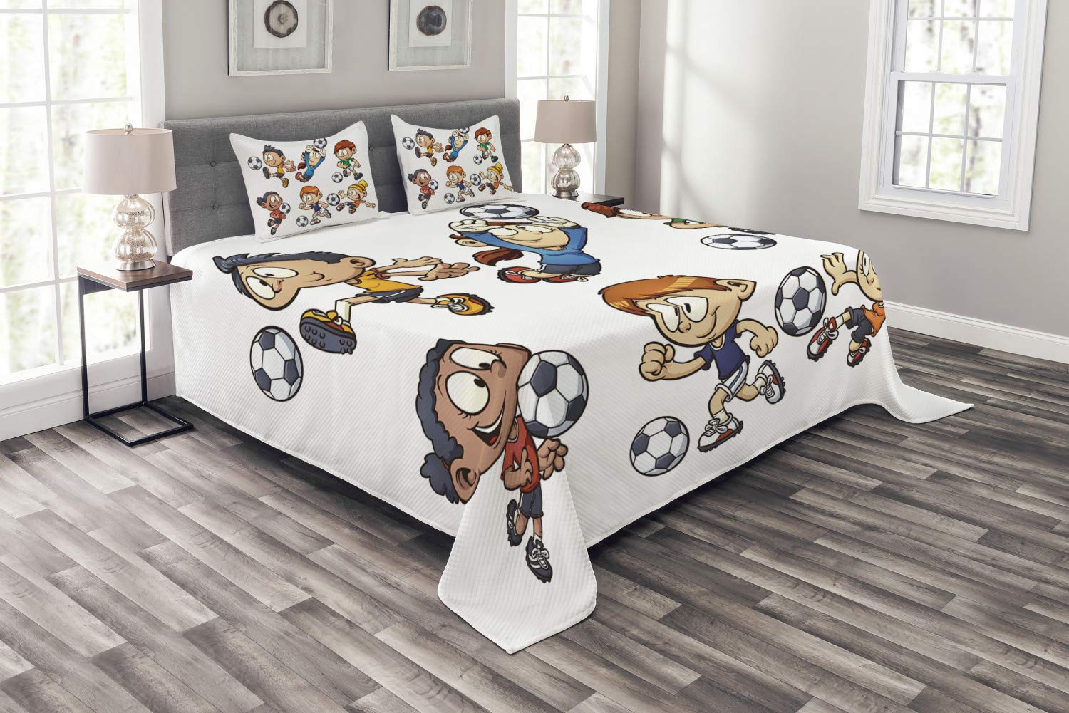 Ambesonne Soccer Bedspread Set - Cartoon Football Design 3-Piece King Size Bedding with 2 Pillow Shams, Multicolor | Perfect for Soccer Fans, Kids' Rooms & Sports-Themed Decor