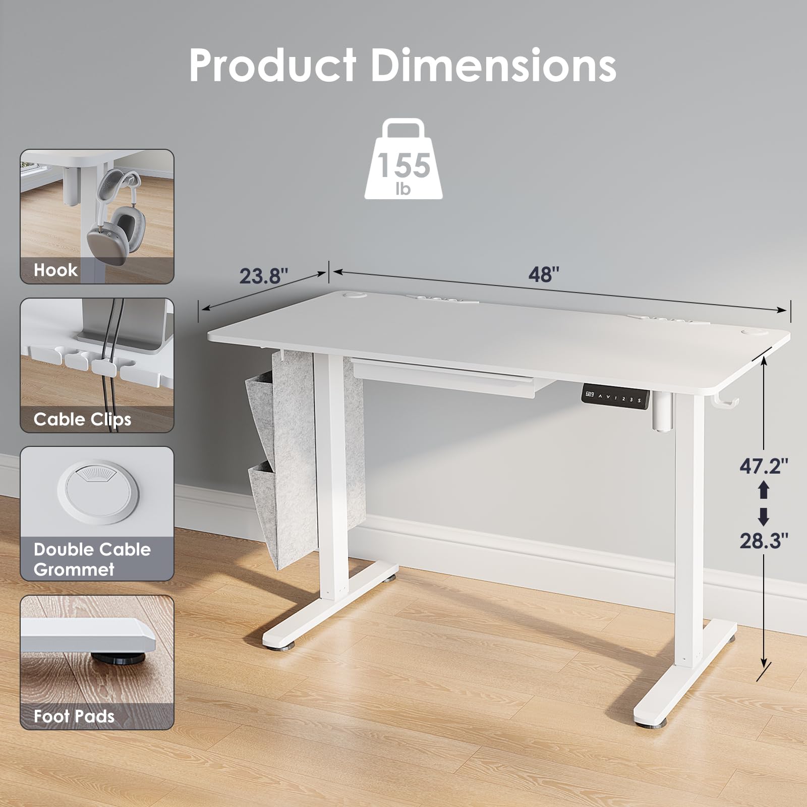 48x24 Inch Electric Standing Desk with Drawers - Adjustable Height Sit Stand Desk with Side Storage for Home & Office (White) | Ergonomic Workspace Solution for Productivity & Comfort