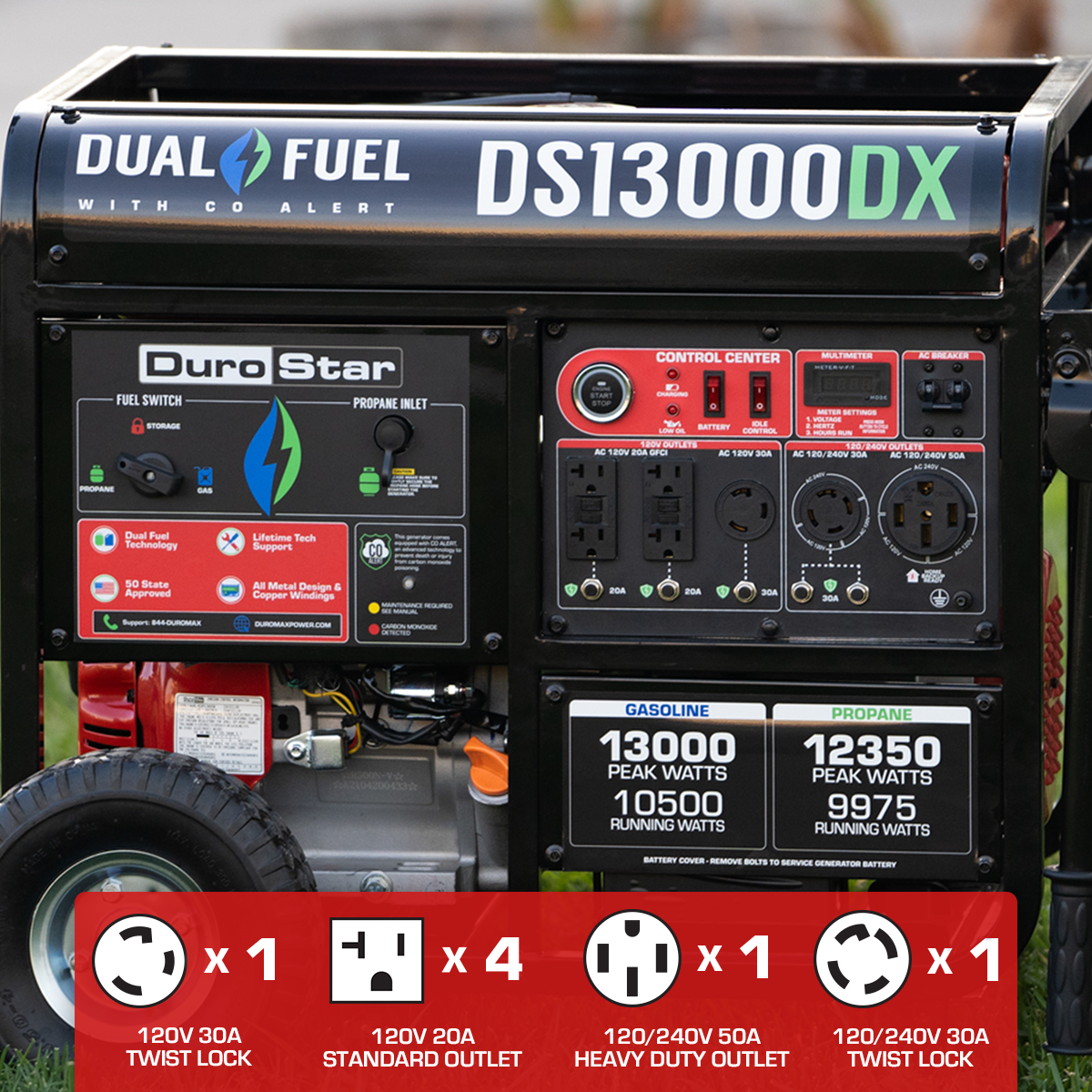 13,000W Dual Fuel Portable Generator with CO Alert - Gas & Propane Powered for Home Backup, Camping & Outdoor Power (EPA & CARB Compliant)