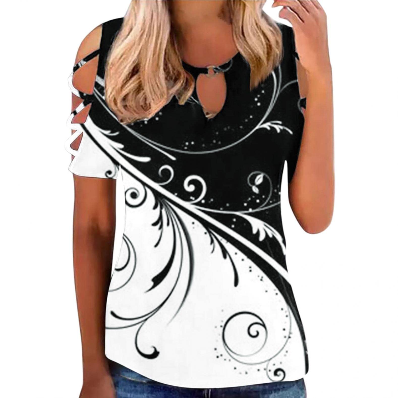 Women's Summer Hollow Out Short Sleeve T-Shirt - Sexy Keyhole Neck Casual Blouse for Beach, Party & Date Night Outfits