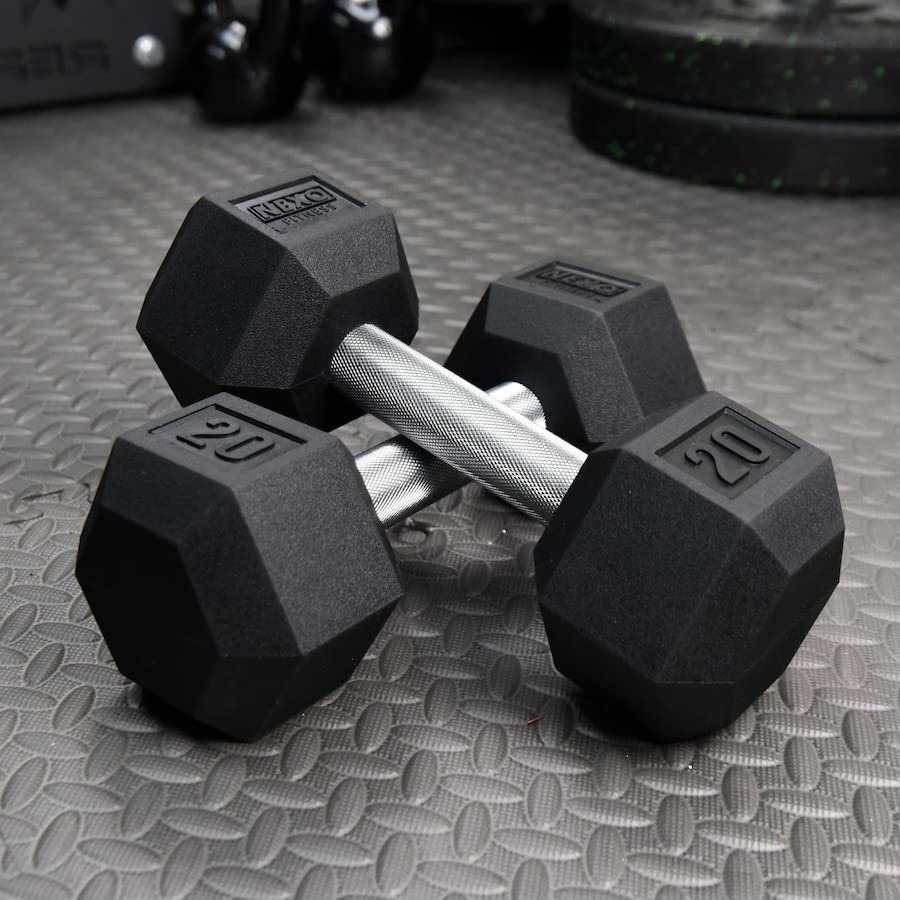 NEXO Commercial Grade Rubber Hex Dumbbells - Full Knurled Straight Handle for Strength Training, Home Gym & CrossFit Workouts | Durable Weight Lifting Equipment for Men & Women