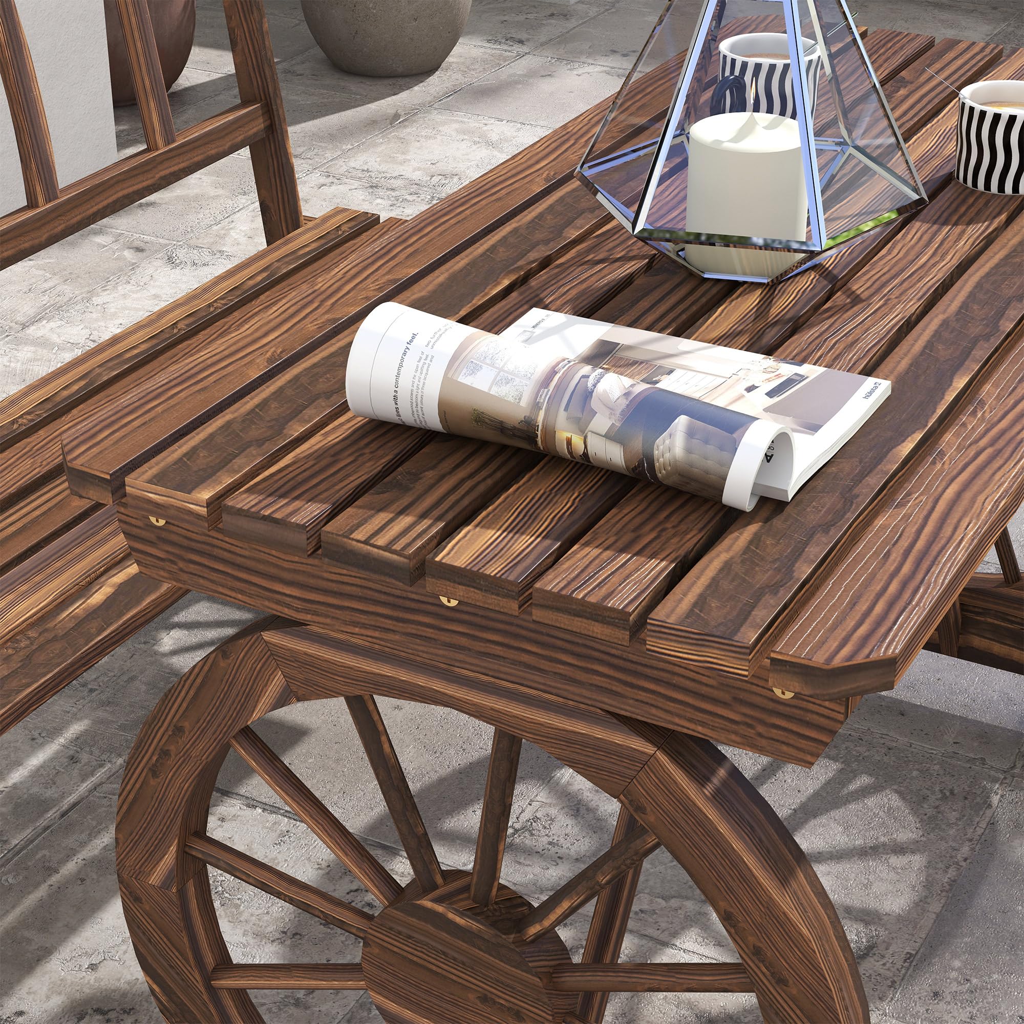 Outsunny 4-Person Outdoor Dining Set - 3-Piece Wooden Patio Table with Bench, All-Weather Wagon Wheel Design Furniture for Backyard, Garden & Deck (Carbonized Finish) - Perfect for Family BBQs, Outdoor Entertaining & Relaxing in Your Yard