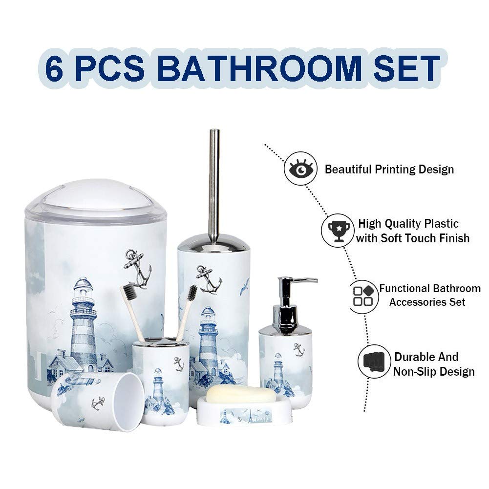 6-Piece Luxury Lighthouse Bathroom Accessory Set - Plastic Soap Dish, Toothbrush Holder, Tooth Mug, Lotion Bottles, Toilet Brush & Trash Bin for Modern Bathrooms | Spa-Inspired Home Decor & Guest Bath Essentials