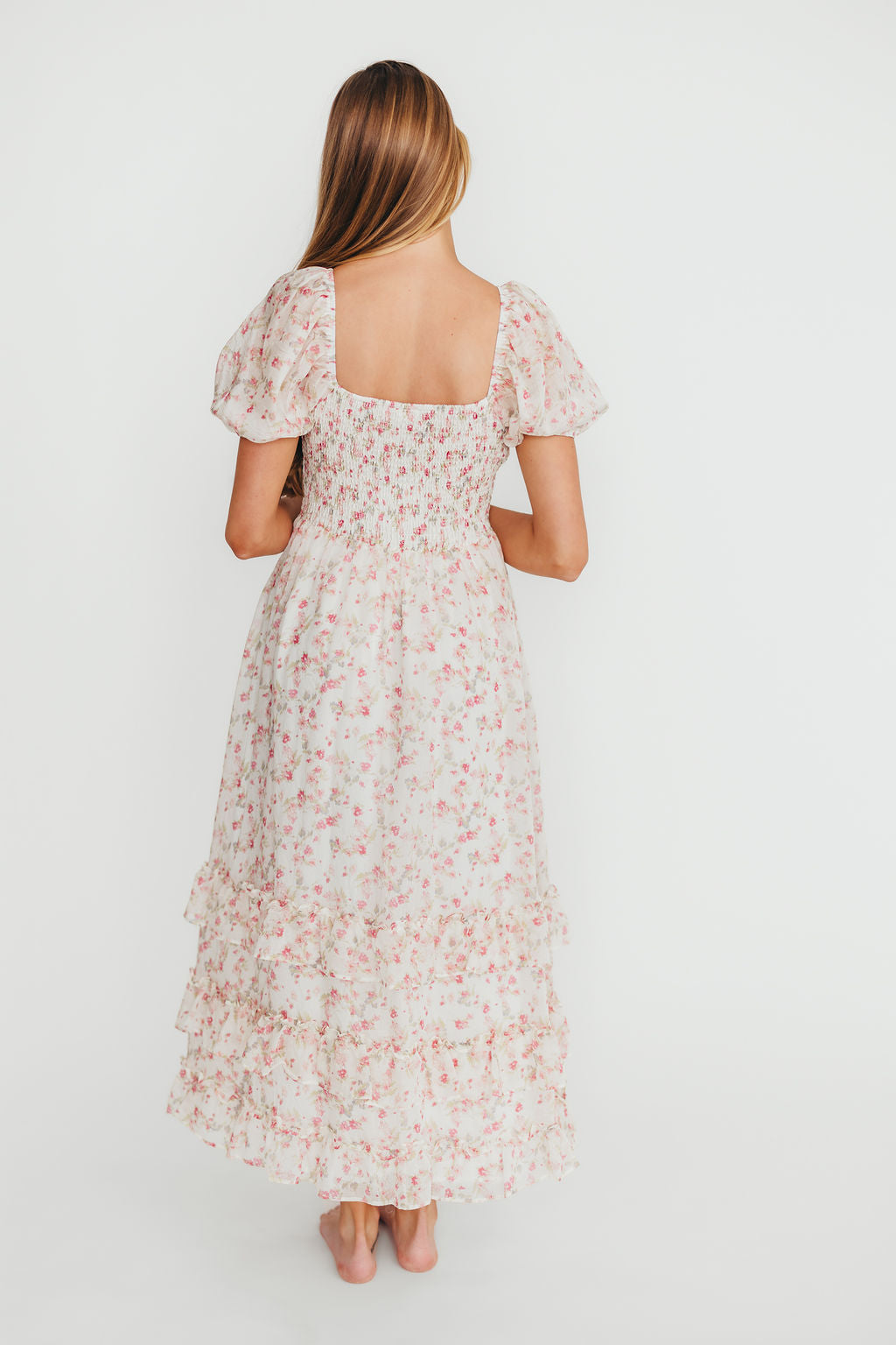Danielle Corset Maxi Dress - White & Pink Floral Print Women's Formal Evening Gown for Weddings, Prom, and Special Occasions