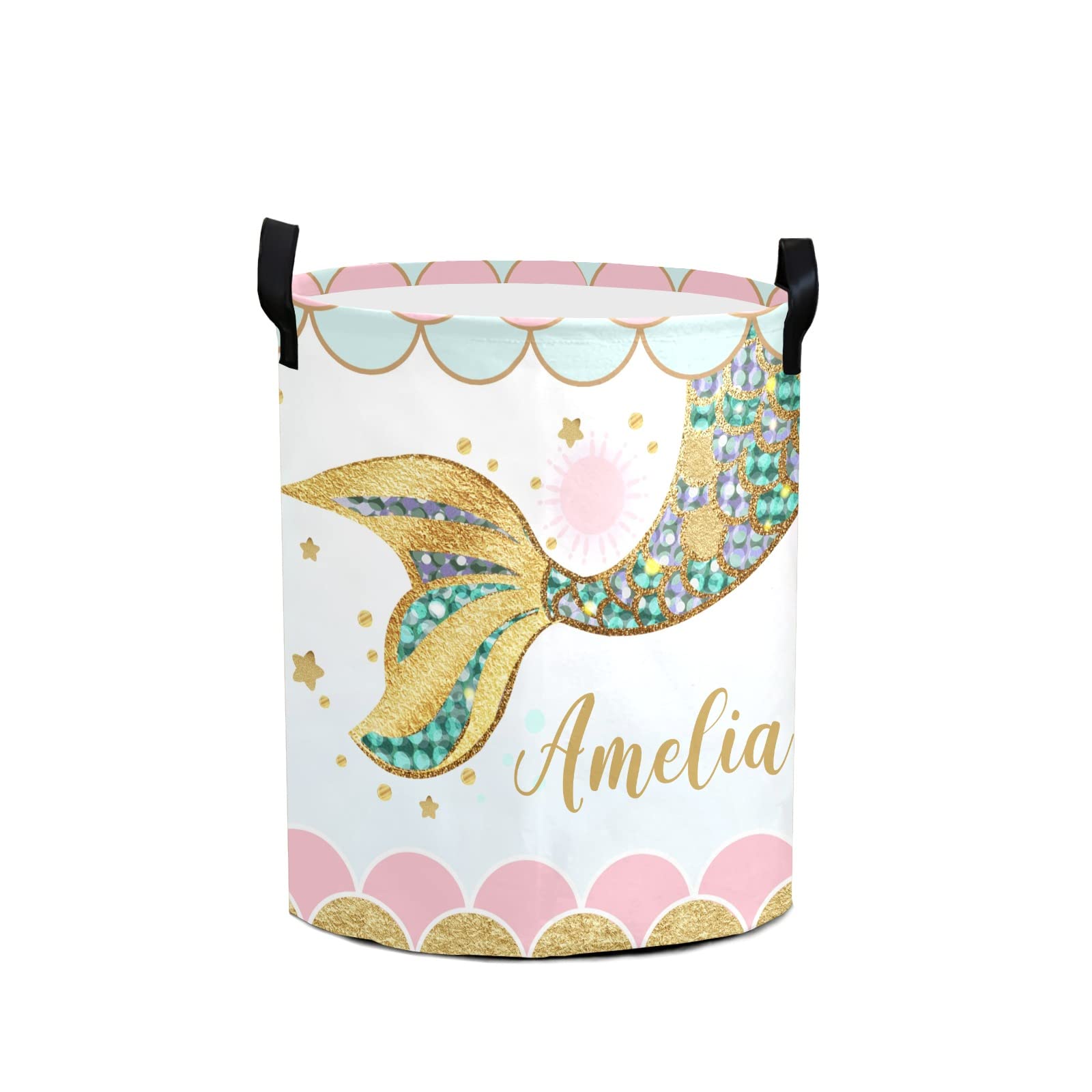 Personalized Pink Mermaid Laundry Basket with Handles - Waterproof & Collapsible Clothes Hamper (19.7