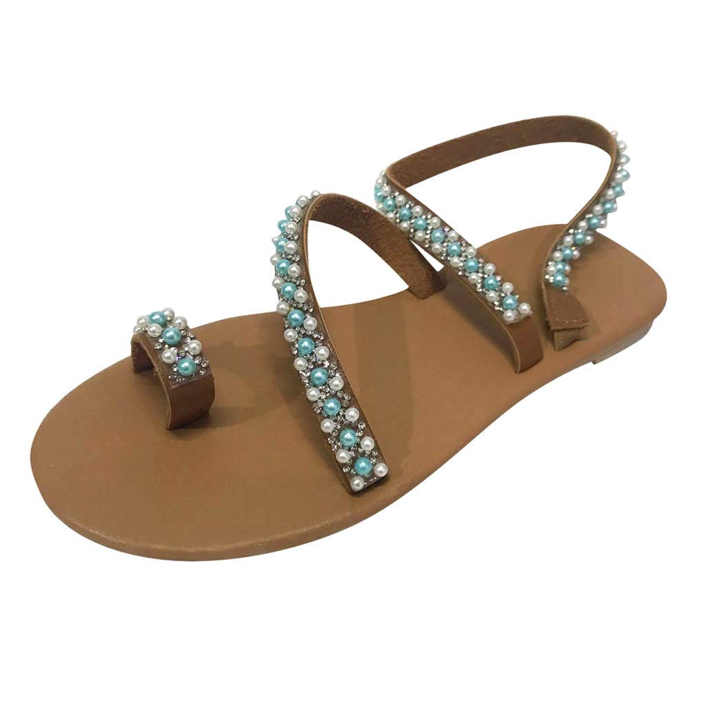 Roman Women's Flat Sandals - Strappy Pearl Toe Ring Casual Shoes | Comfortable Flip Flops for Beach, Vacation & Summer Outfits (Blue)