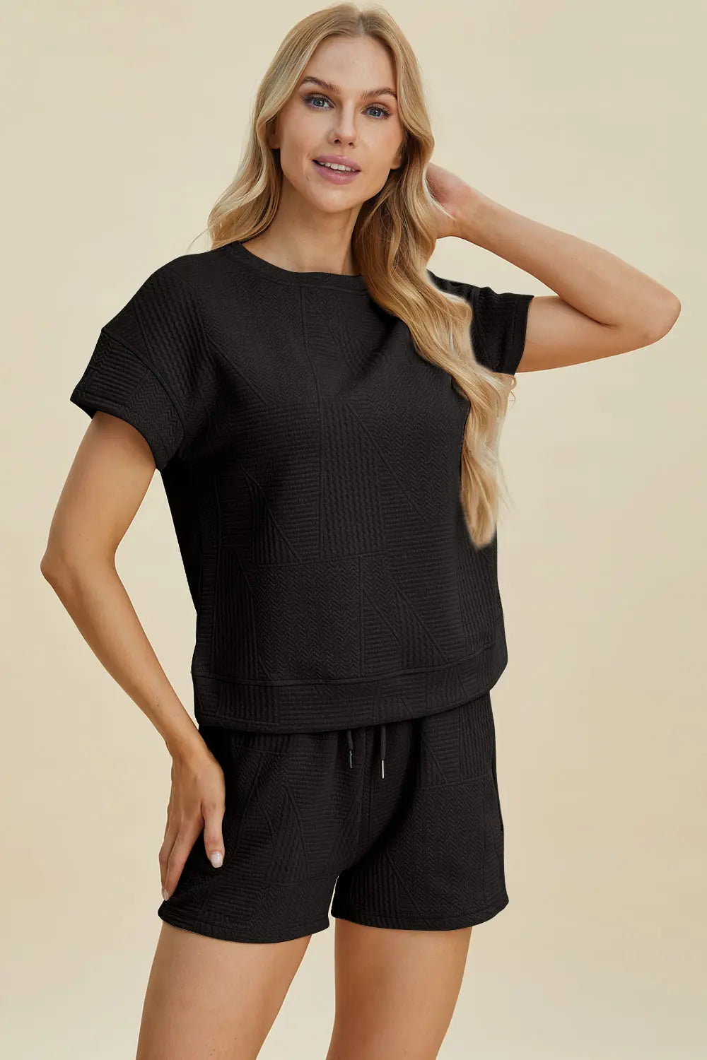 Double Take Full Size Textured Short Sleeve Top & Shorts Set - Women's Casual Summer Outfit for Beach, Yoga & Lounge Wear